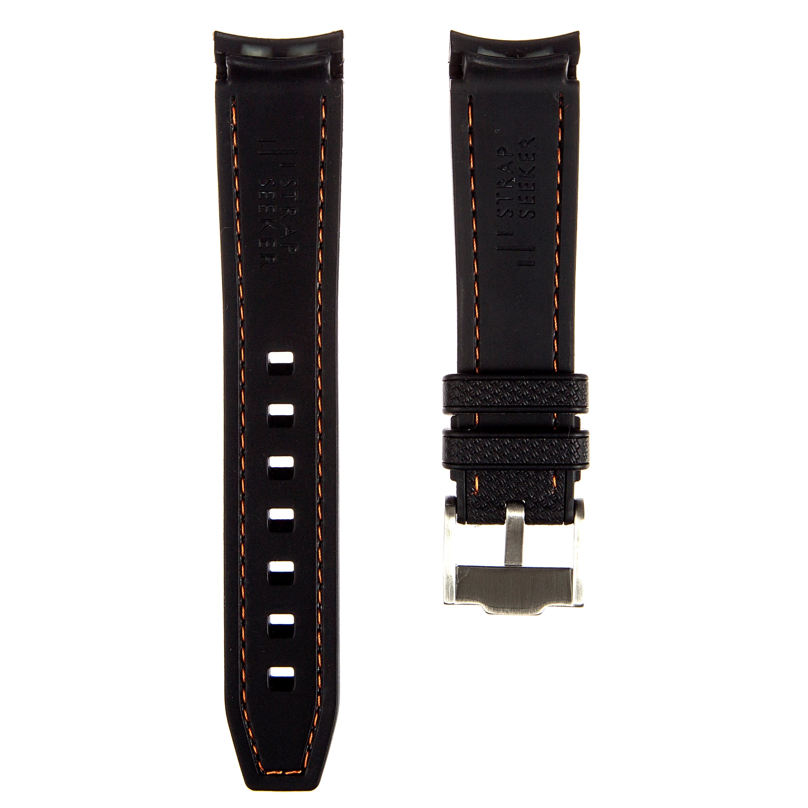 Textured Curved End Rubber Strap For Rolex Explorer 39mm – Black with Orange Stitch (2405)