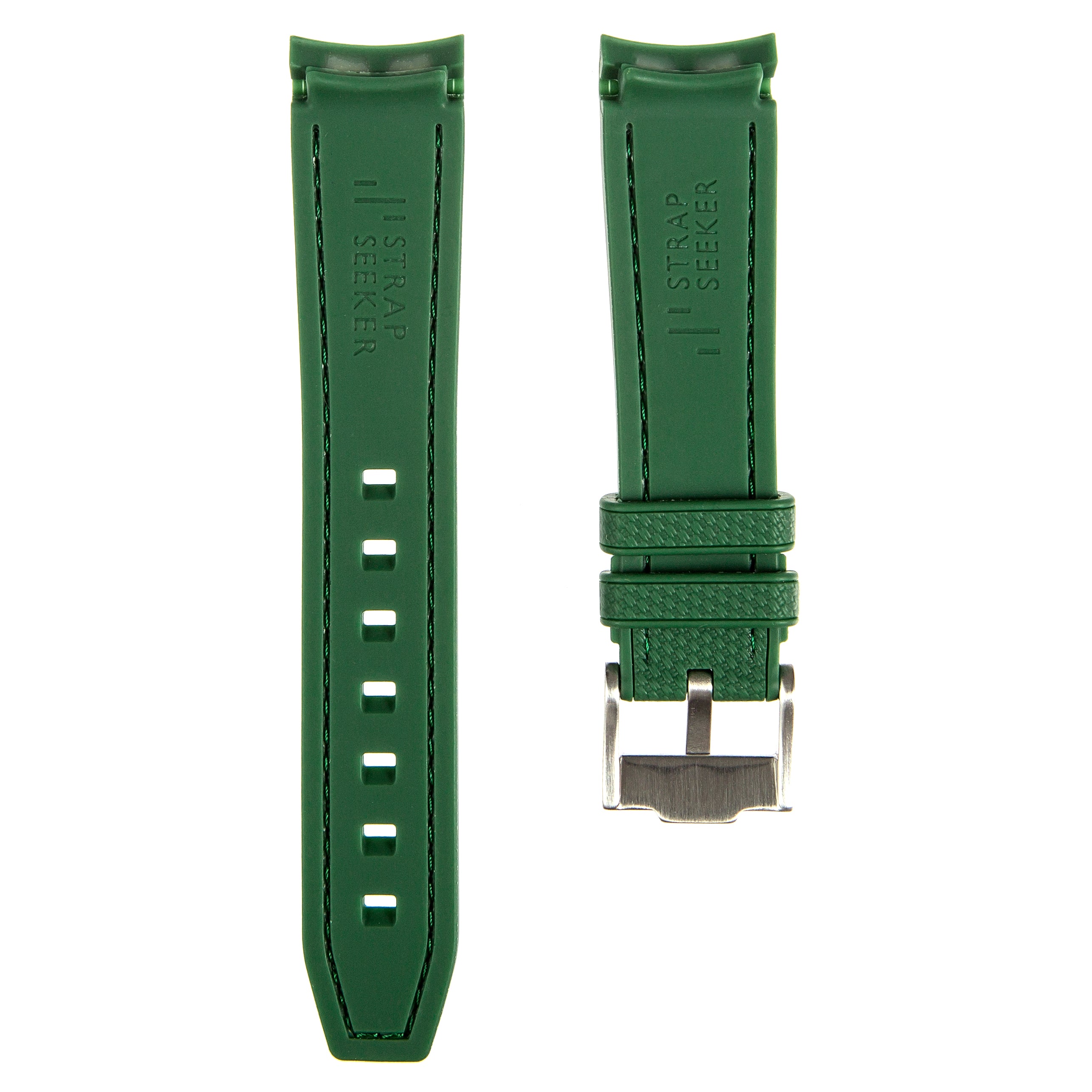 Textured Curved End Premium Silicone Strap - Compatible with Rolex Submariner - Dark Green With White Stitch (2405)