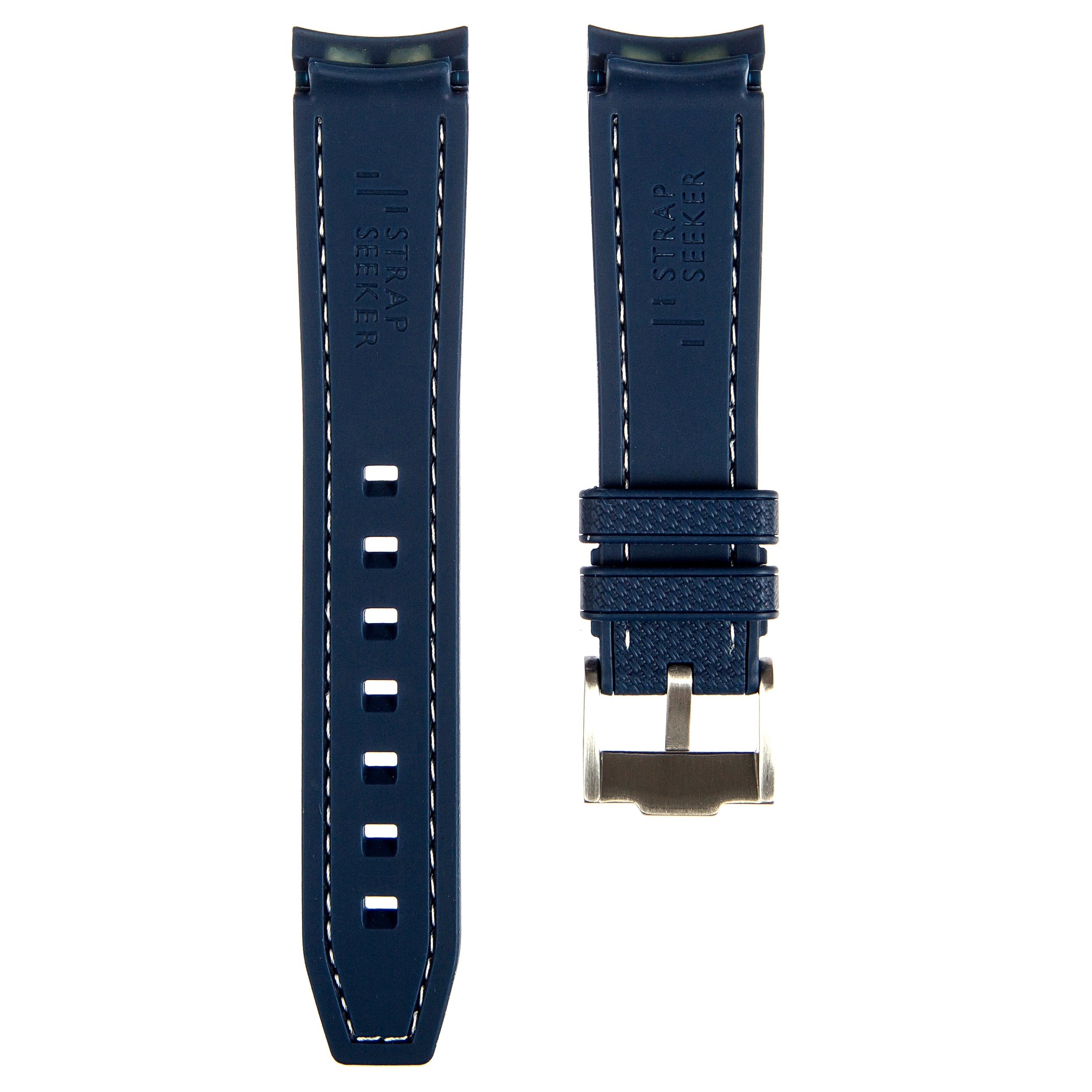 Textured Curved End Rubber Strap for Rolex GMT Master I & II Pepsi - Navy with White Stitch (2405)