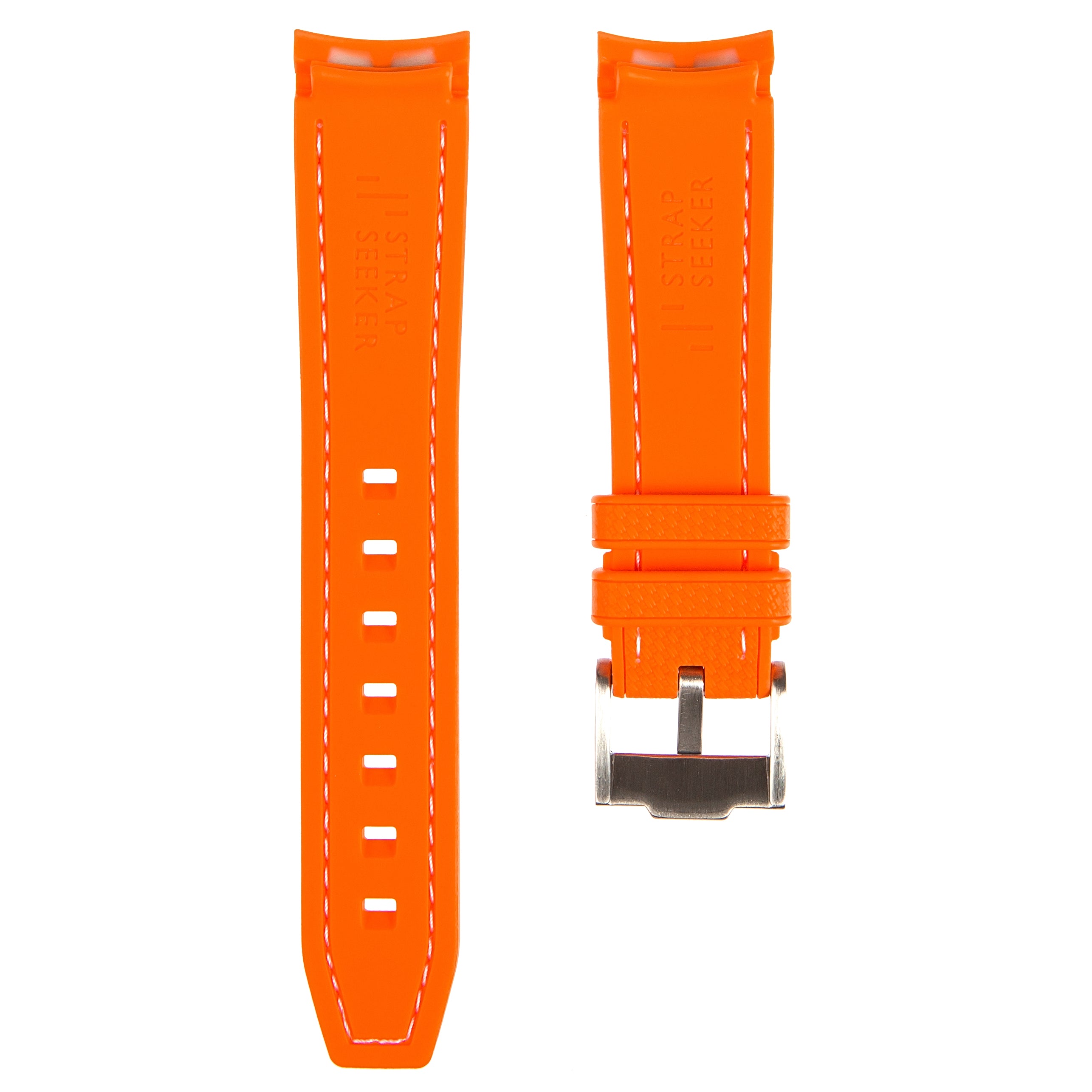 Textured Curved End Rubber Strap For Rolex Explorer II – Orange with White Stitch (2405)