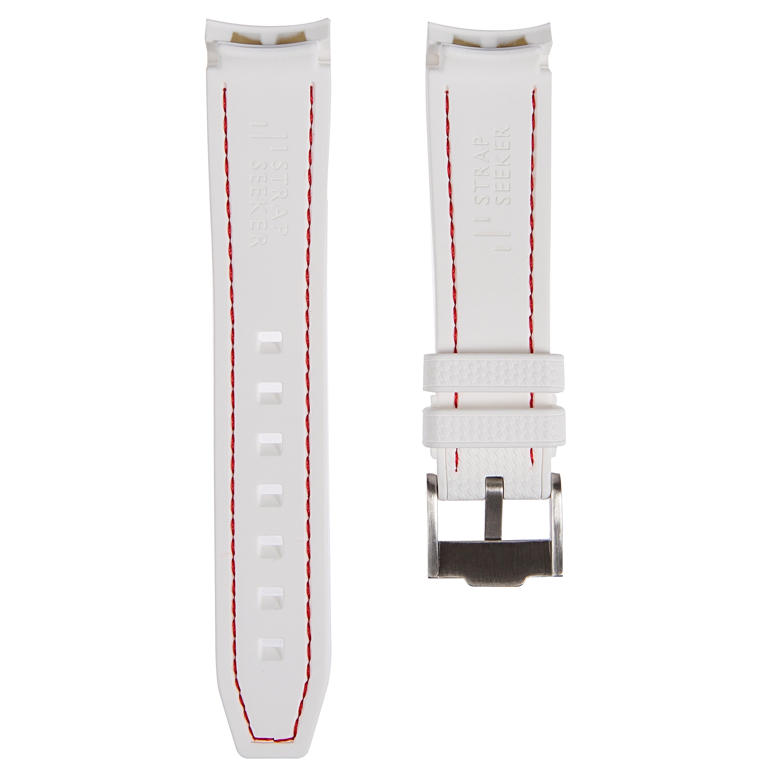 Textured Curved End Rubber Strap For Rolex Sea-Dweller 16600 16660 - White with Red Stitch (2405)