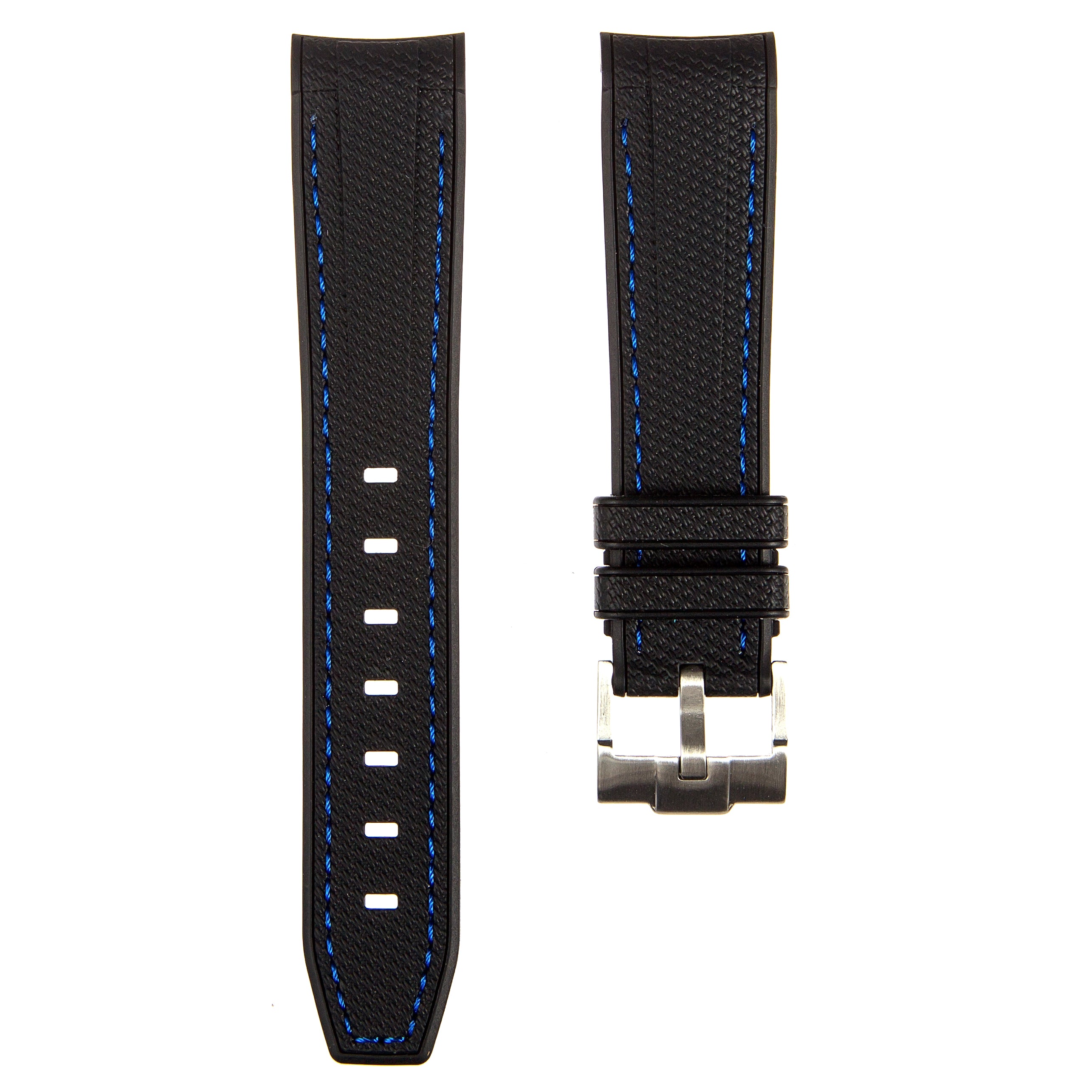 Textured Curved End Rubber Strap For Rolex Submariner 40mm - Black with Blue Stitch (2405)