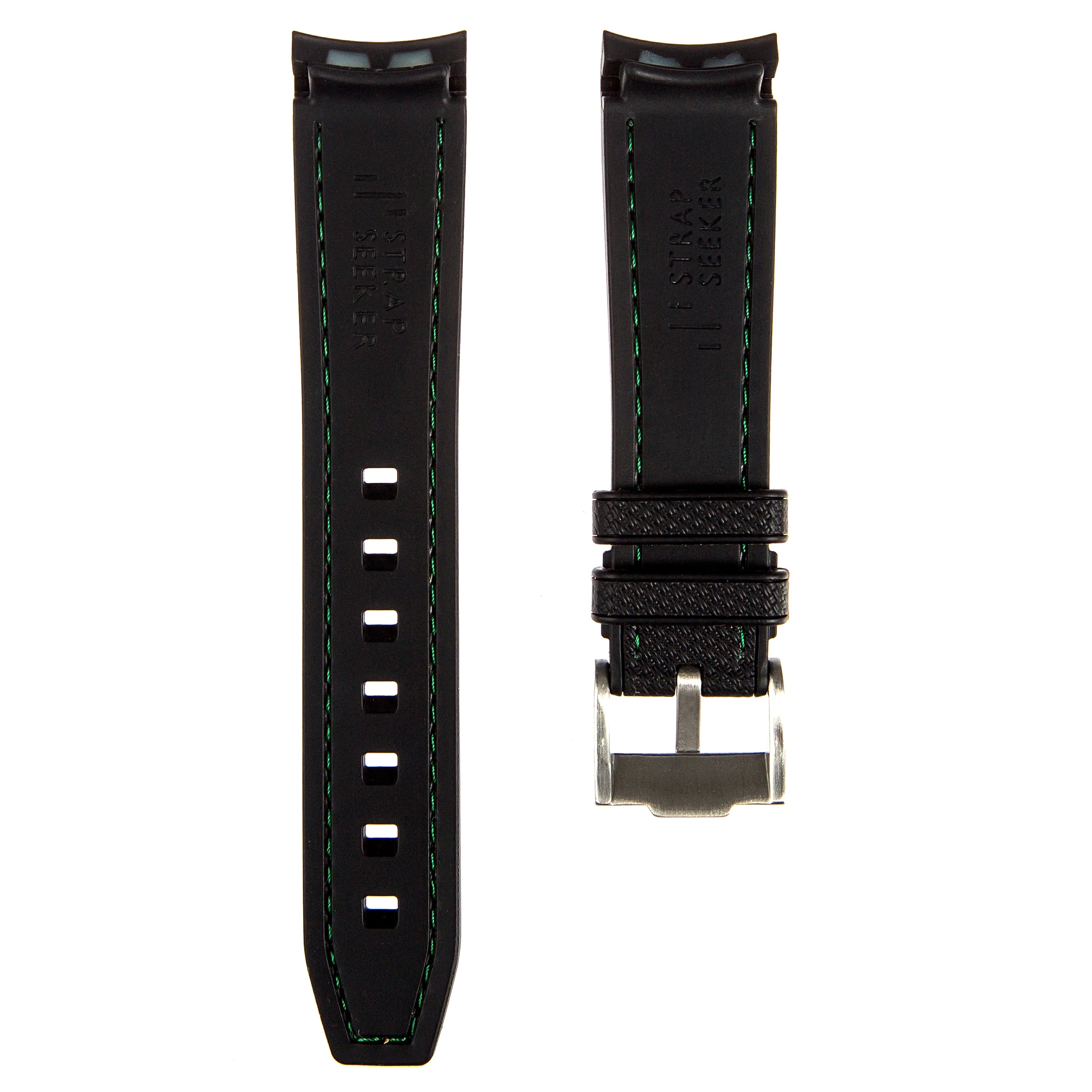 Textured Curved End Rubber Strap for Rolex GMT Master I & II Sprite - Black with Green Stitch (2405)