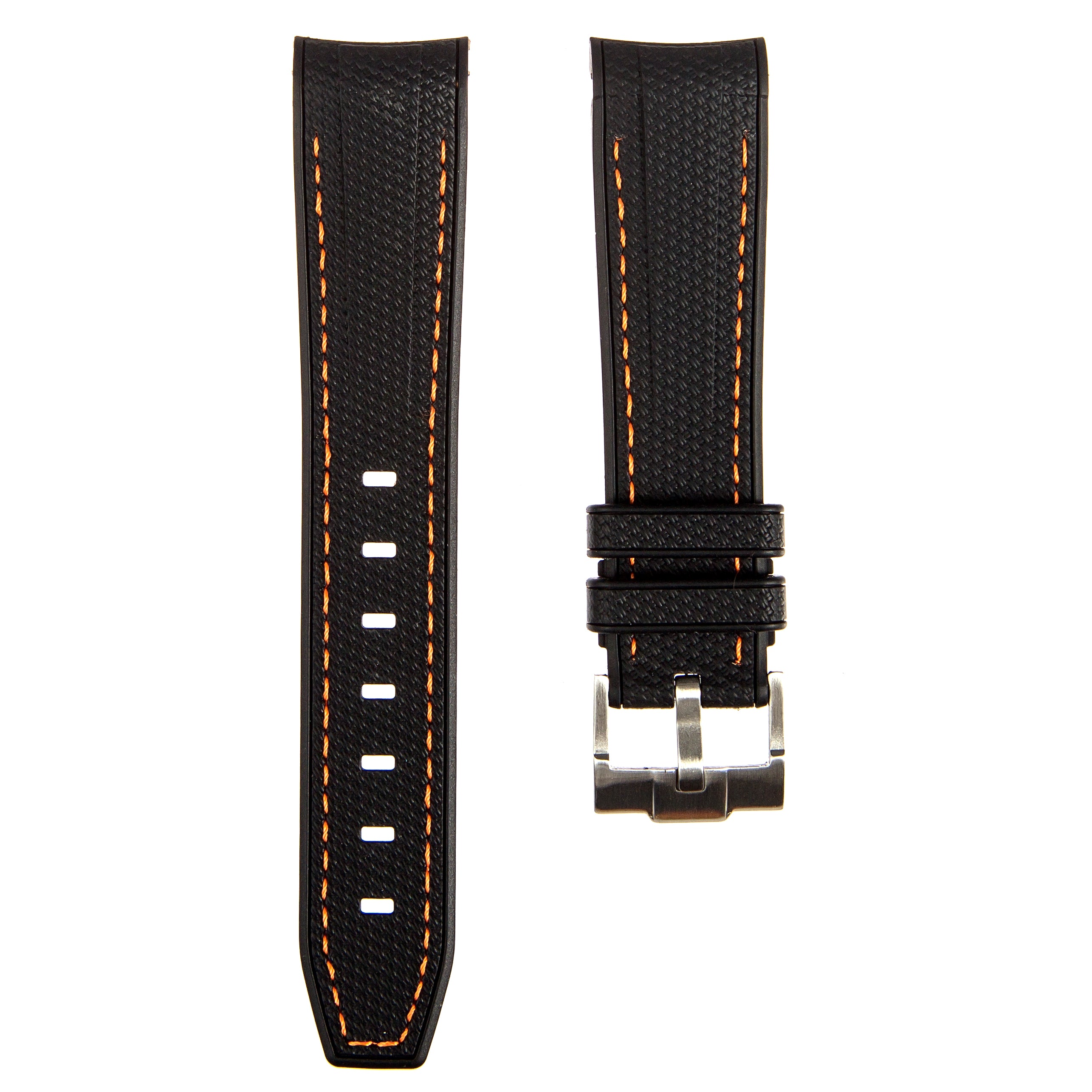 Textured Curved End Rubber Strap For Rolex Explorer 39mm – Black with Orange Stitch (2405)