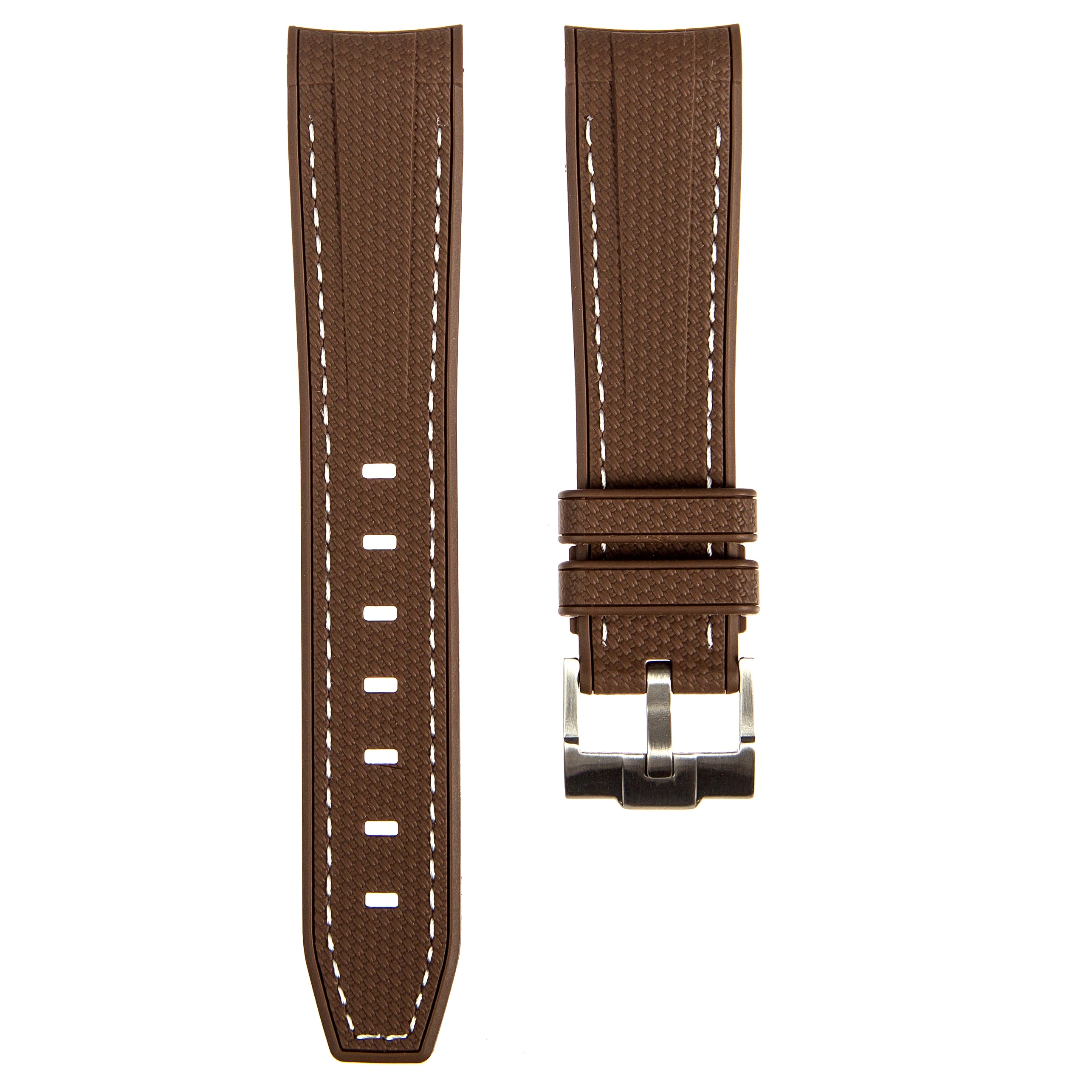 Textured Curved End Rubber Strap For Rolex Submariner 40mm - Brown with White Stitch (2405)