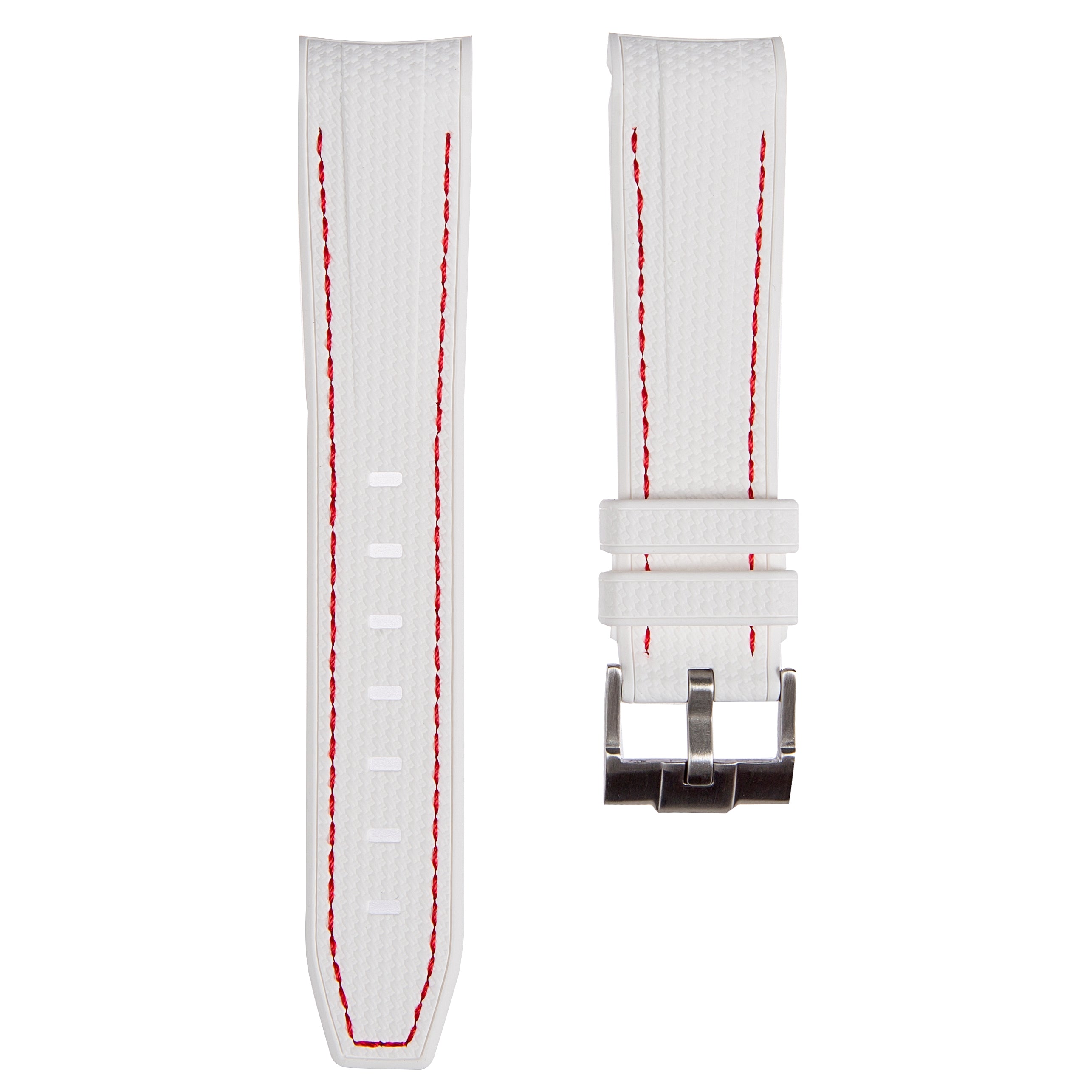 Textured Curved End Rubber Strap For Rolex Submariner 40mm - White with Red Stitch (2405)