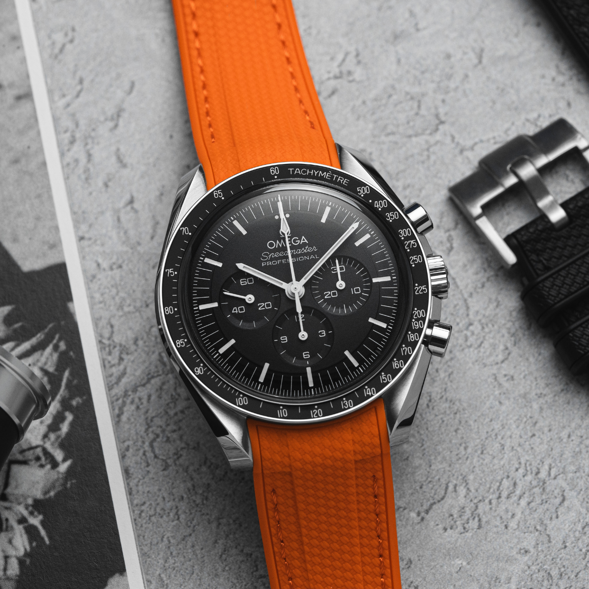 Textured Curved End Premium Silicone Strap - Compatible with Omega Seamaster - Orange with White Stitch (2405)