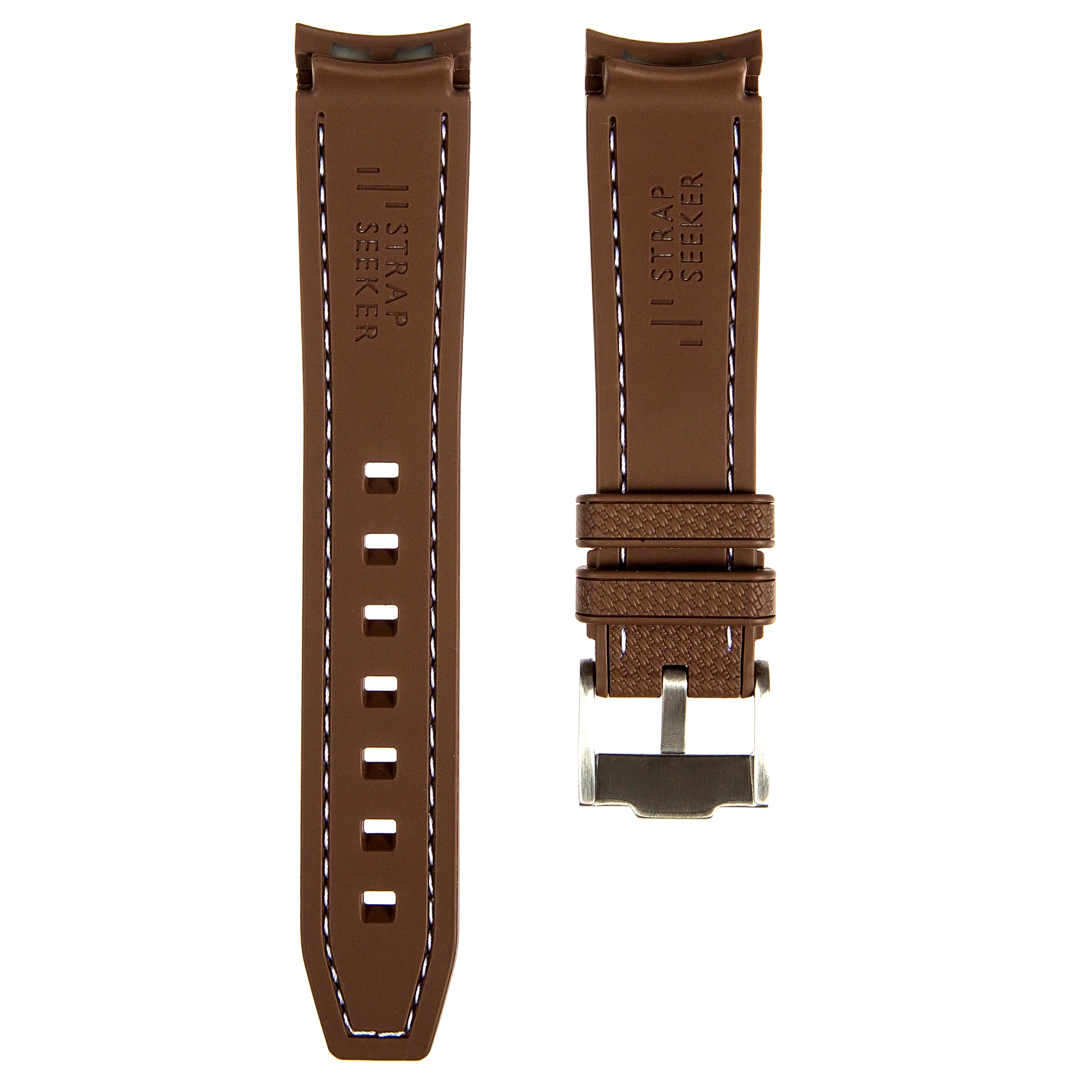 Textured Curved End Rubber Strap For Rolex Explorer II - Brown with White Stitch (2405)