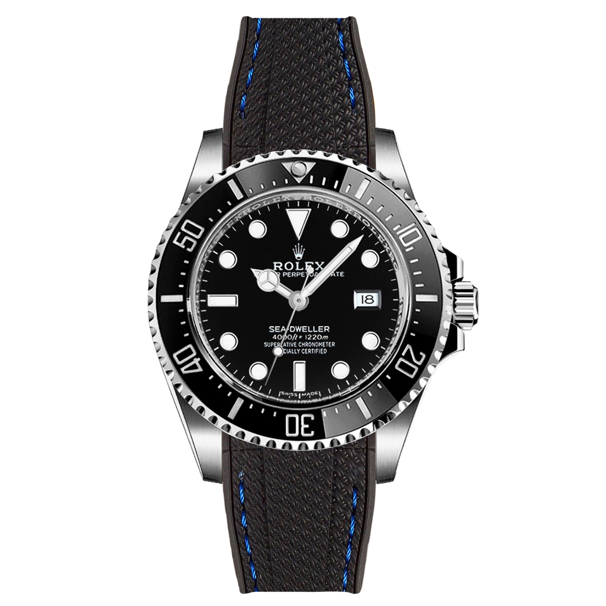 Textured Curved End Rubber Strap For Rolex Sea-Dweller 16600 16660 - Black with Blue Stitch (2405)