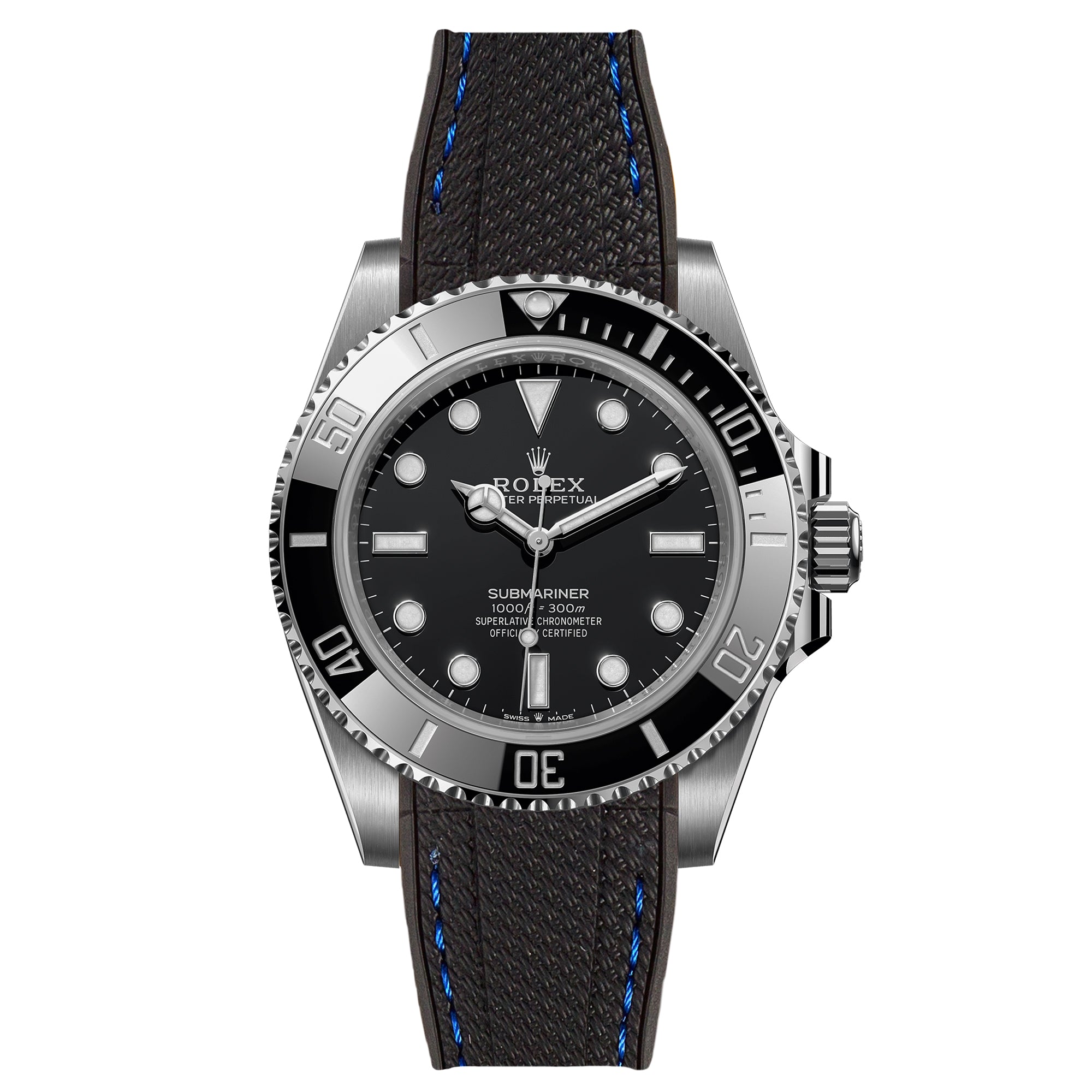 Textured Curved End Rubber Strap for Rolex Submariner – Black with Blue Stitch (2405)