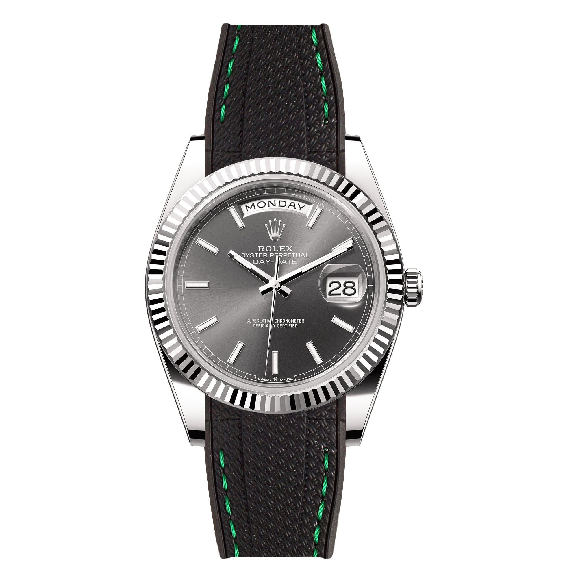 Textured Curved End Rubber Strap For Rolex Day-Date - Black with Green Stitch (2405)