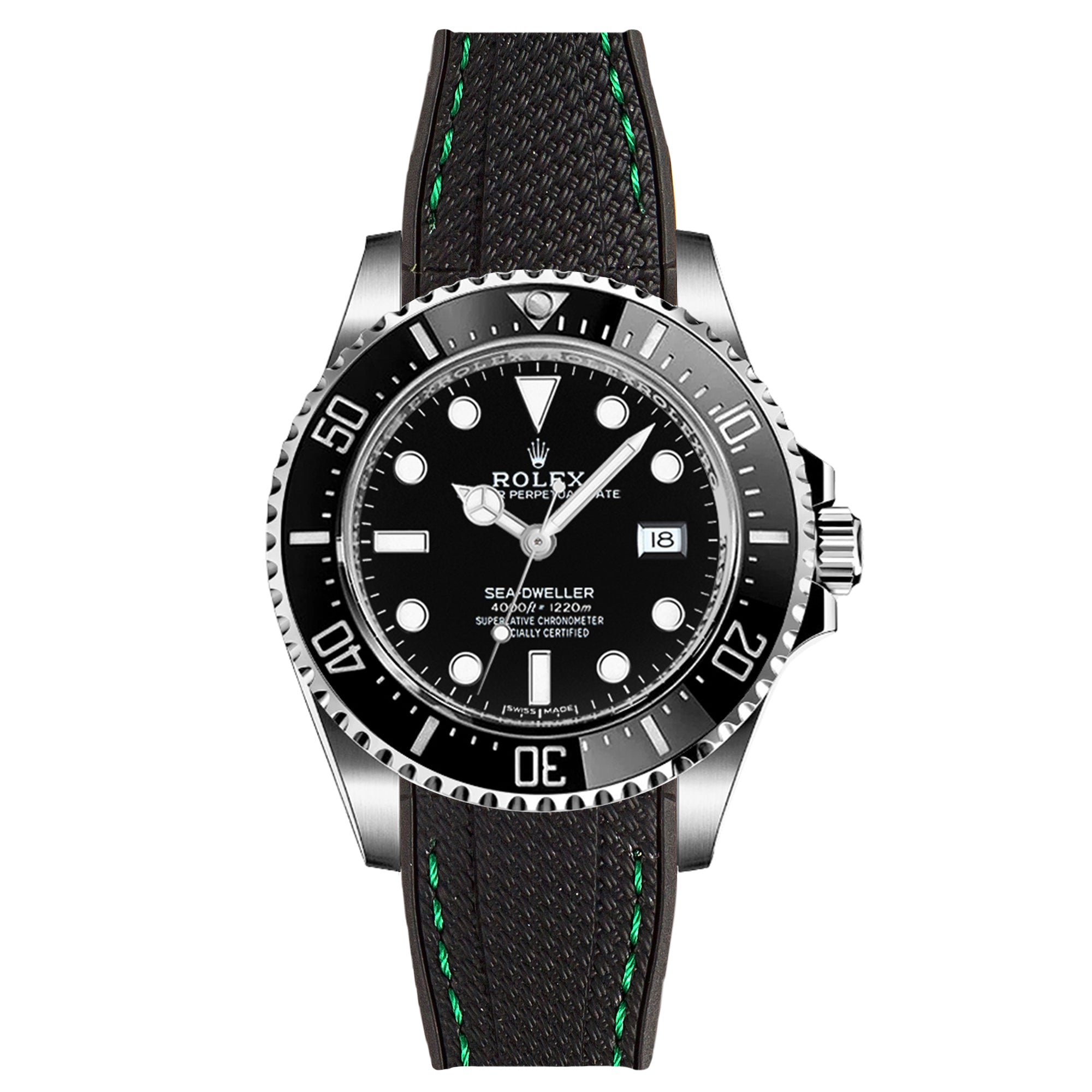 Textured Curved End Rubber Strap For Rolex Sea-Dweller 16600 16660 - Black with Green Stitch (2405)