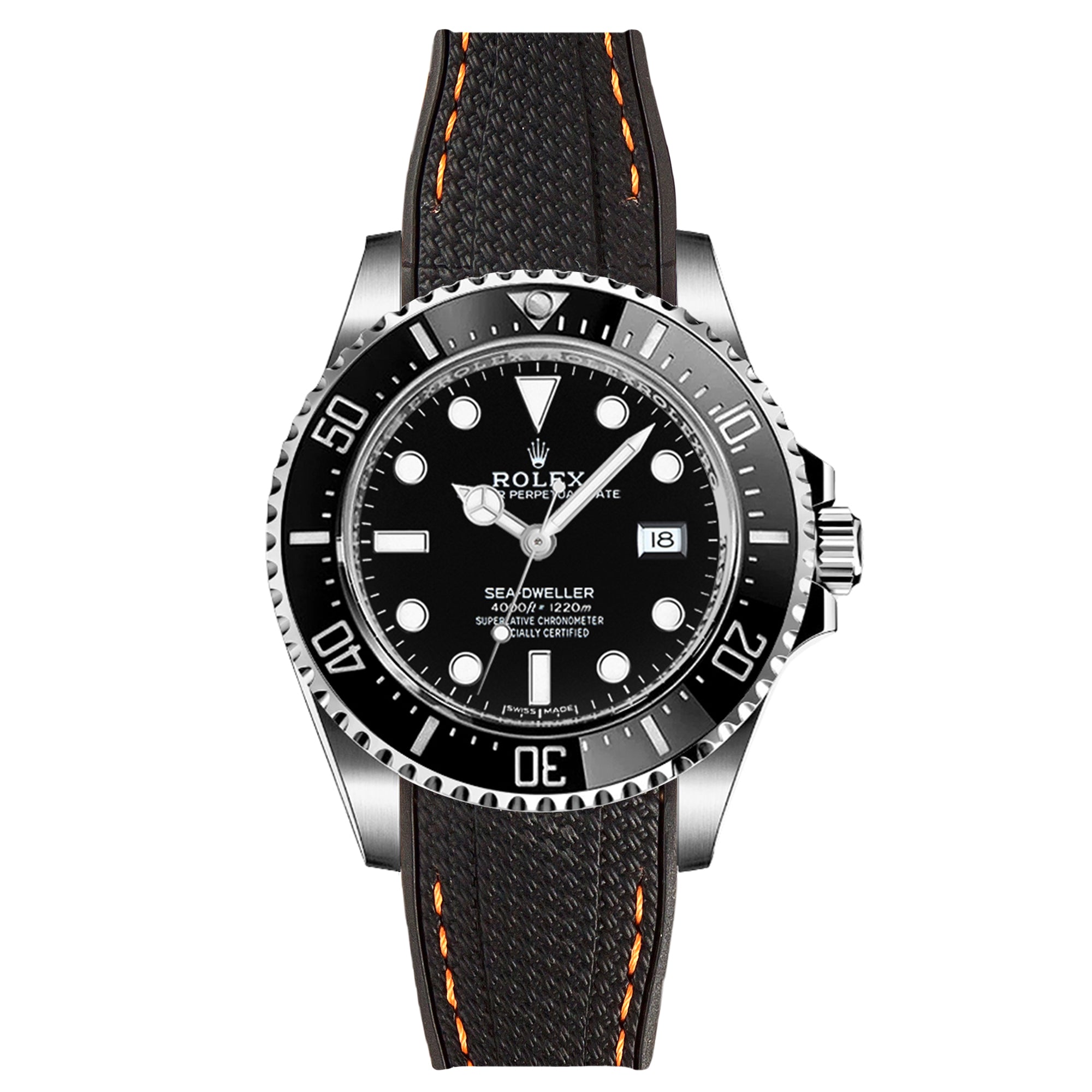 Textured Curved End Rubber Strap For Rolex Sea-Dweller 16600 16660 - Black with Orange Stitch (2405)