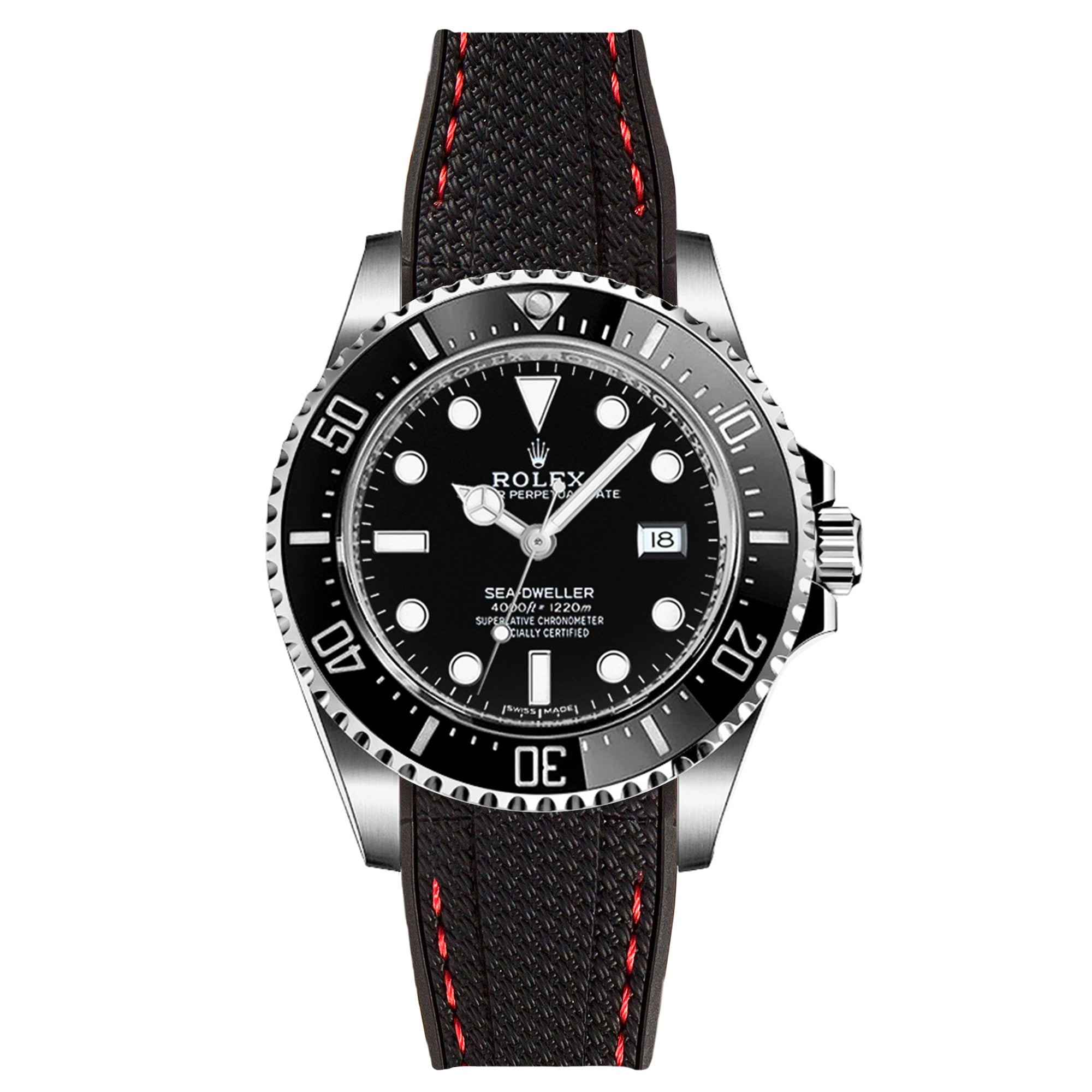 Textured Curved End Rubber Strap For Rolex Sea-Dweller 16600 16660 - Black with Red Stitch (2405)