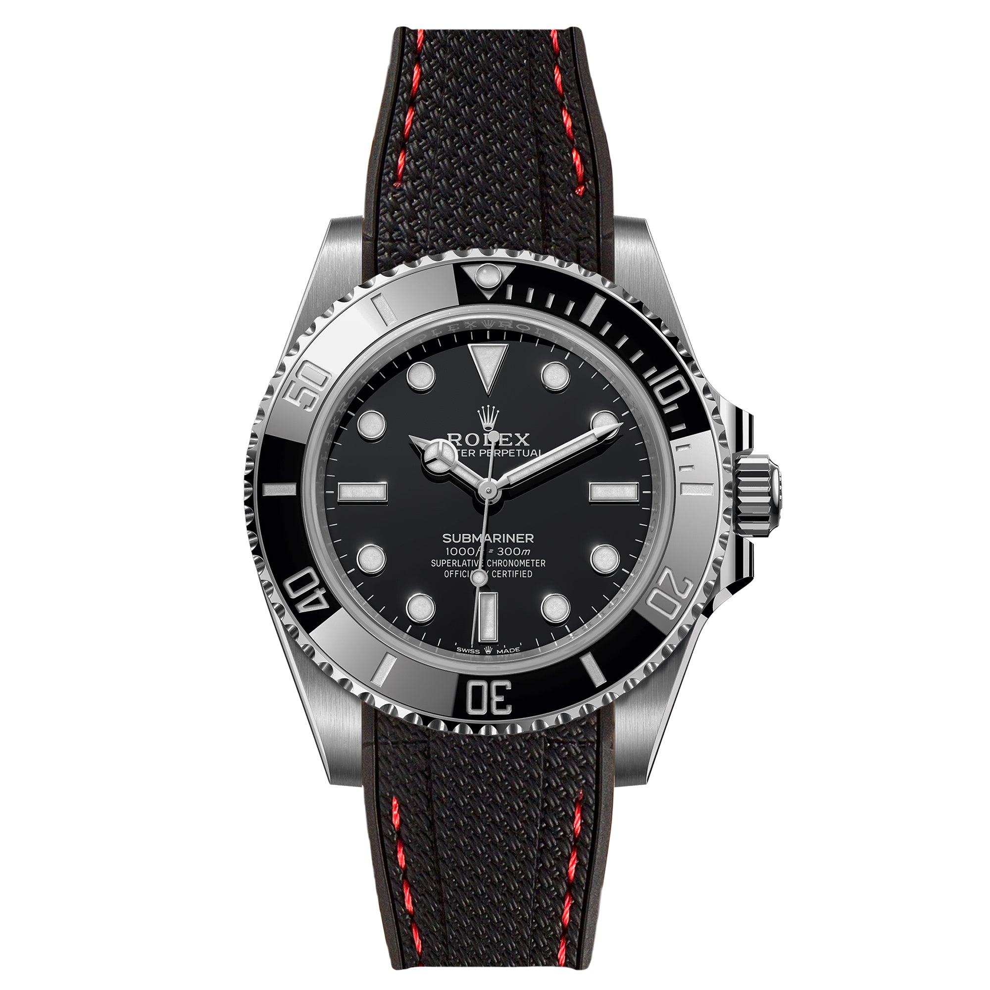 Textured Curved End Rubber Strap for Rolex Submariner – Black with Red Stitch (2405)