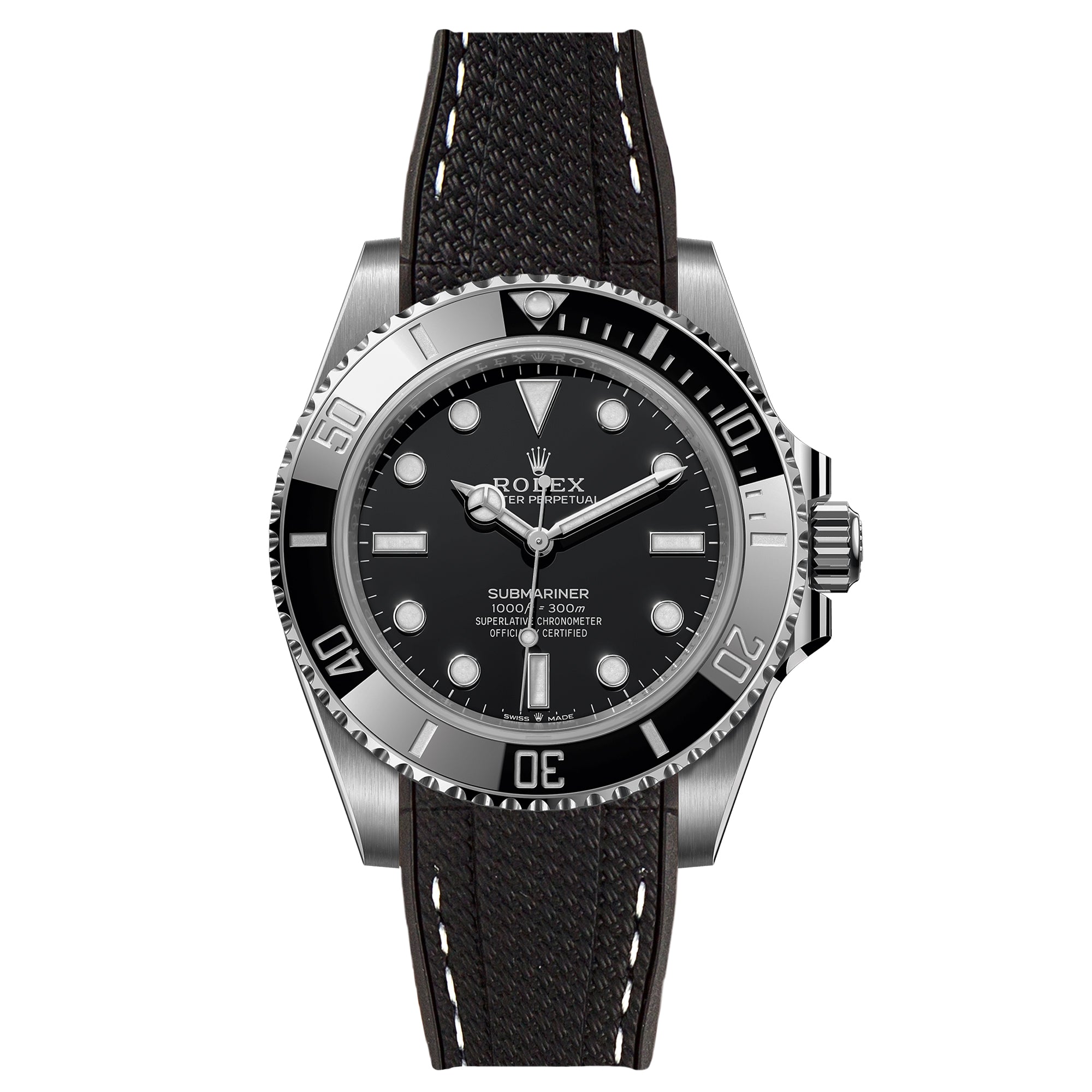 Textured Curved End Rubber Strap for Rolex Submariner – Black with White Stitch (2405)