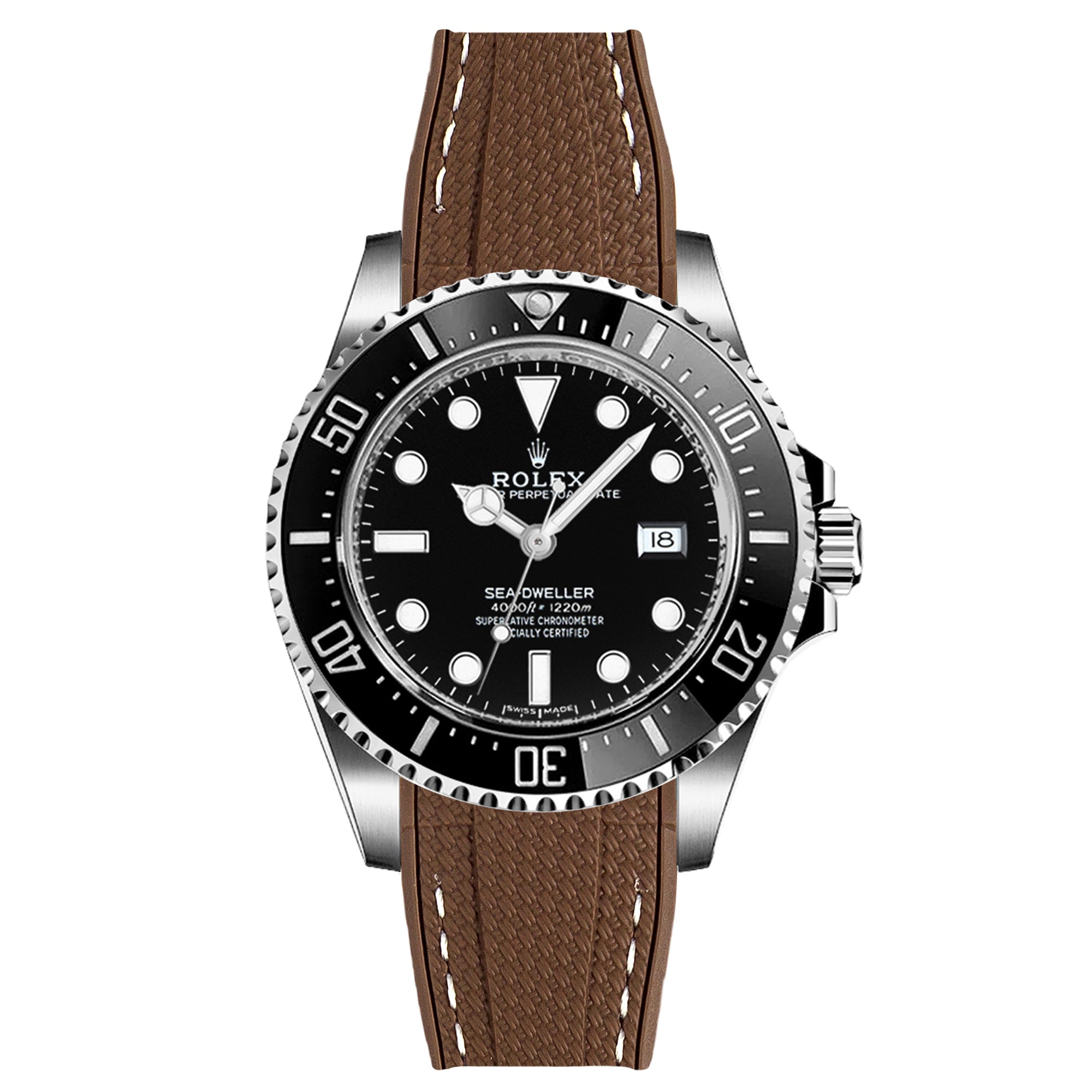 Textured Curved End Rubber Strap For Rolex Sea-Dweller 16600 16660 - Brown with White Stitch (2405)