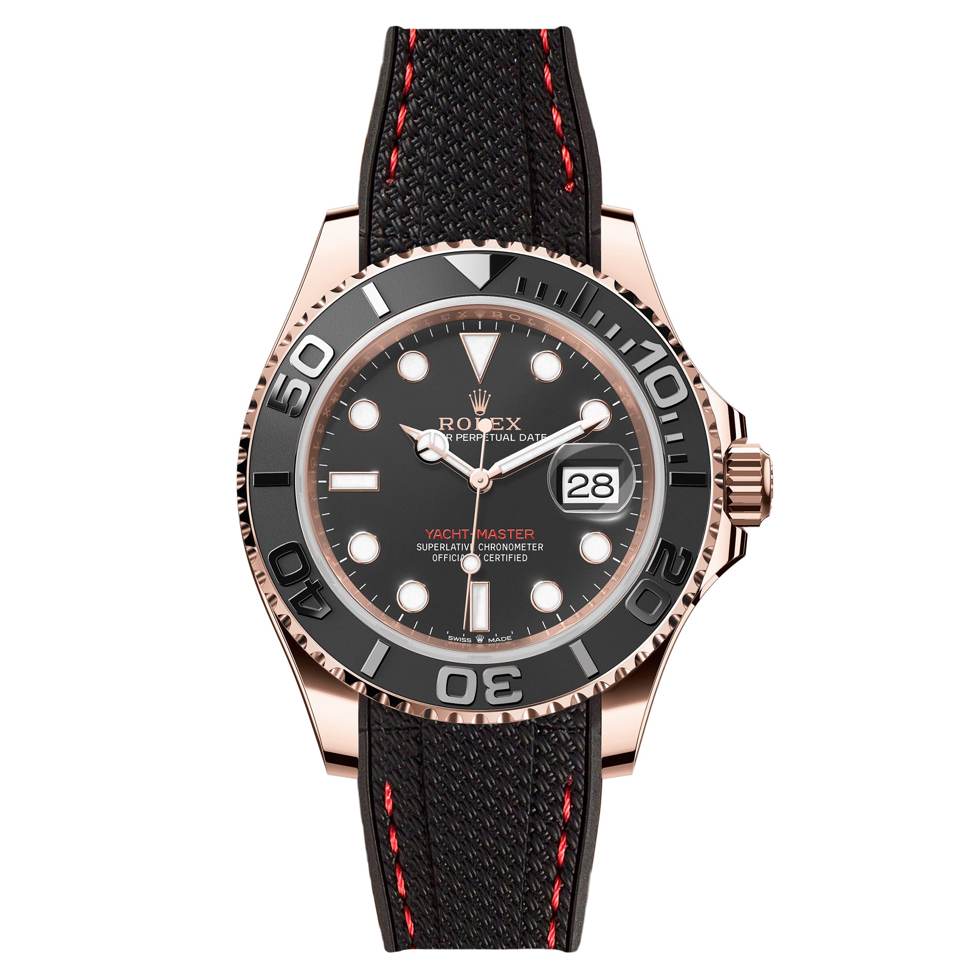 Textured Curved End Rubber Strap For Rolex Yacht-Master - Black with Red Stitch (2405)