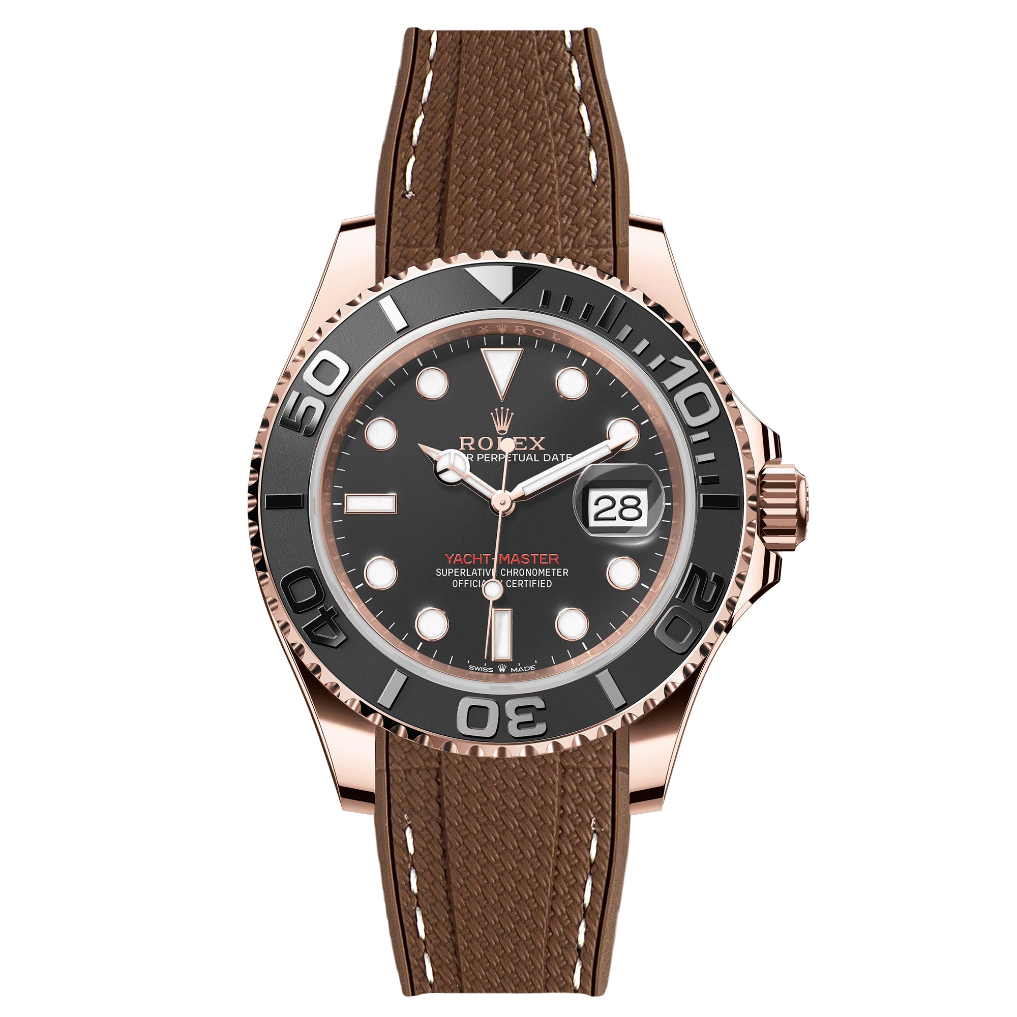 Textured Curved End Rubber Strap For Rolex Yacht-Master - Brown with White Stitch (2405)