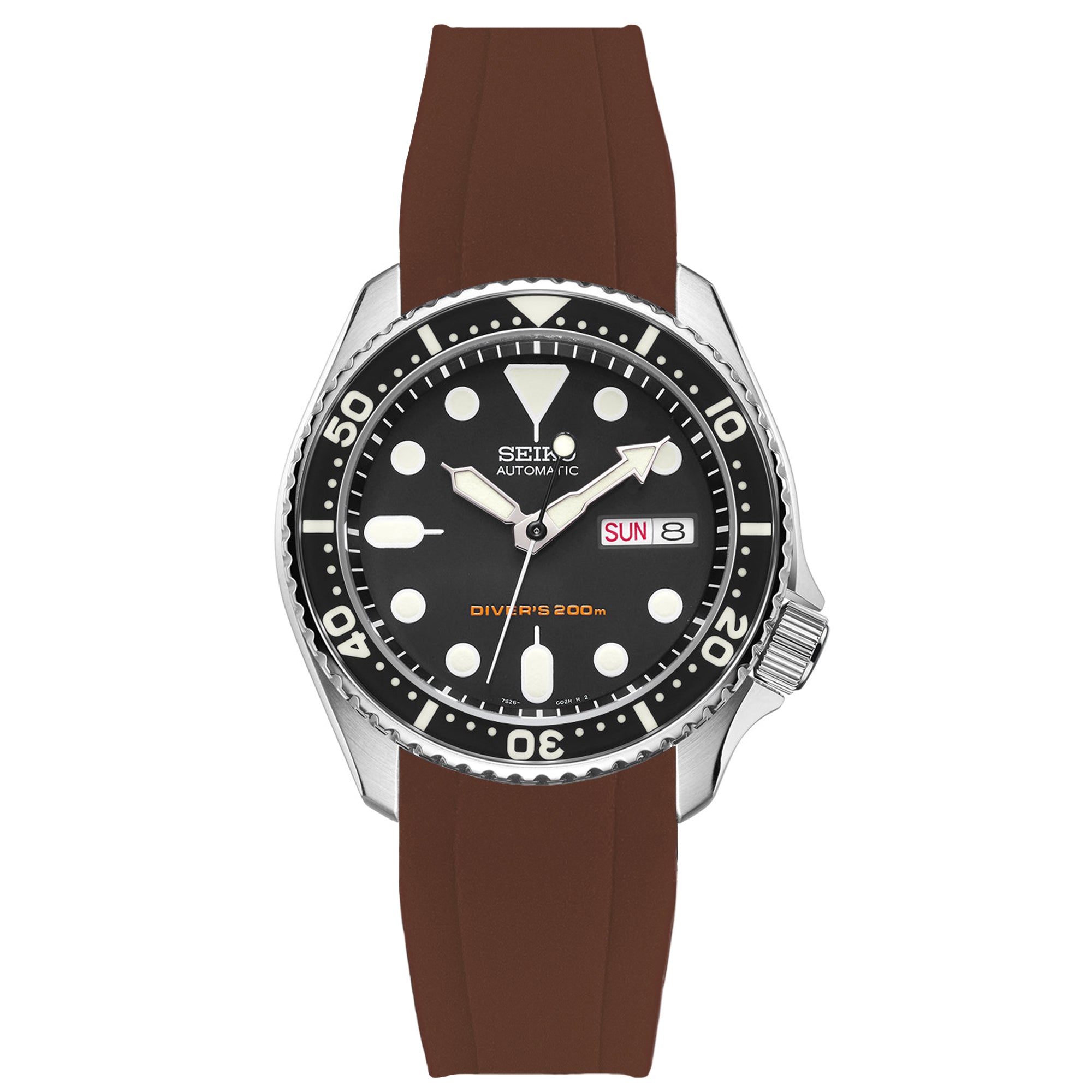 Curved End Rubber Strap for Seiko SKX - Brown (2418)