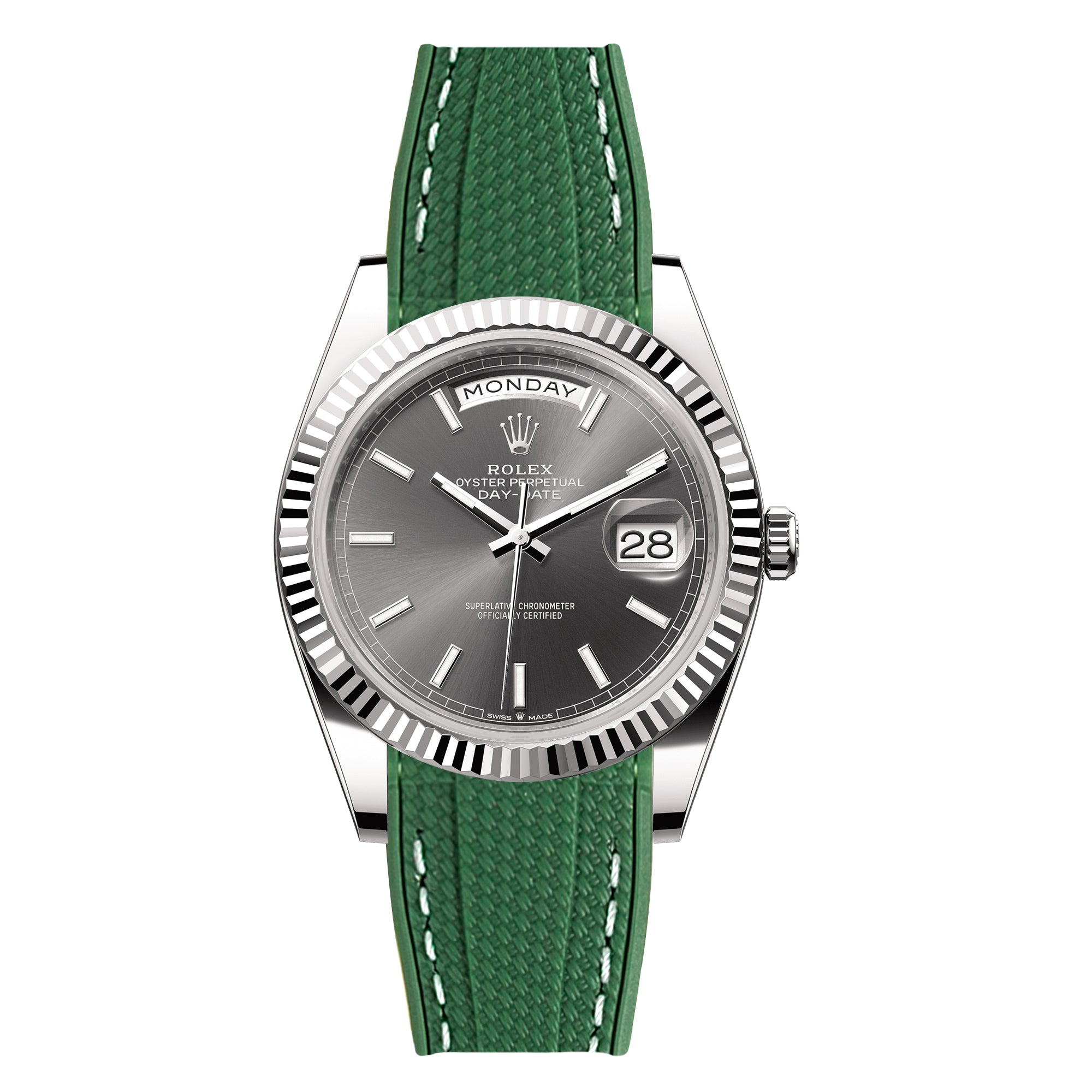 Textured Curved End Rubber Strap For Rolex Day-Date - Dark Green With White Stitch (2405)