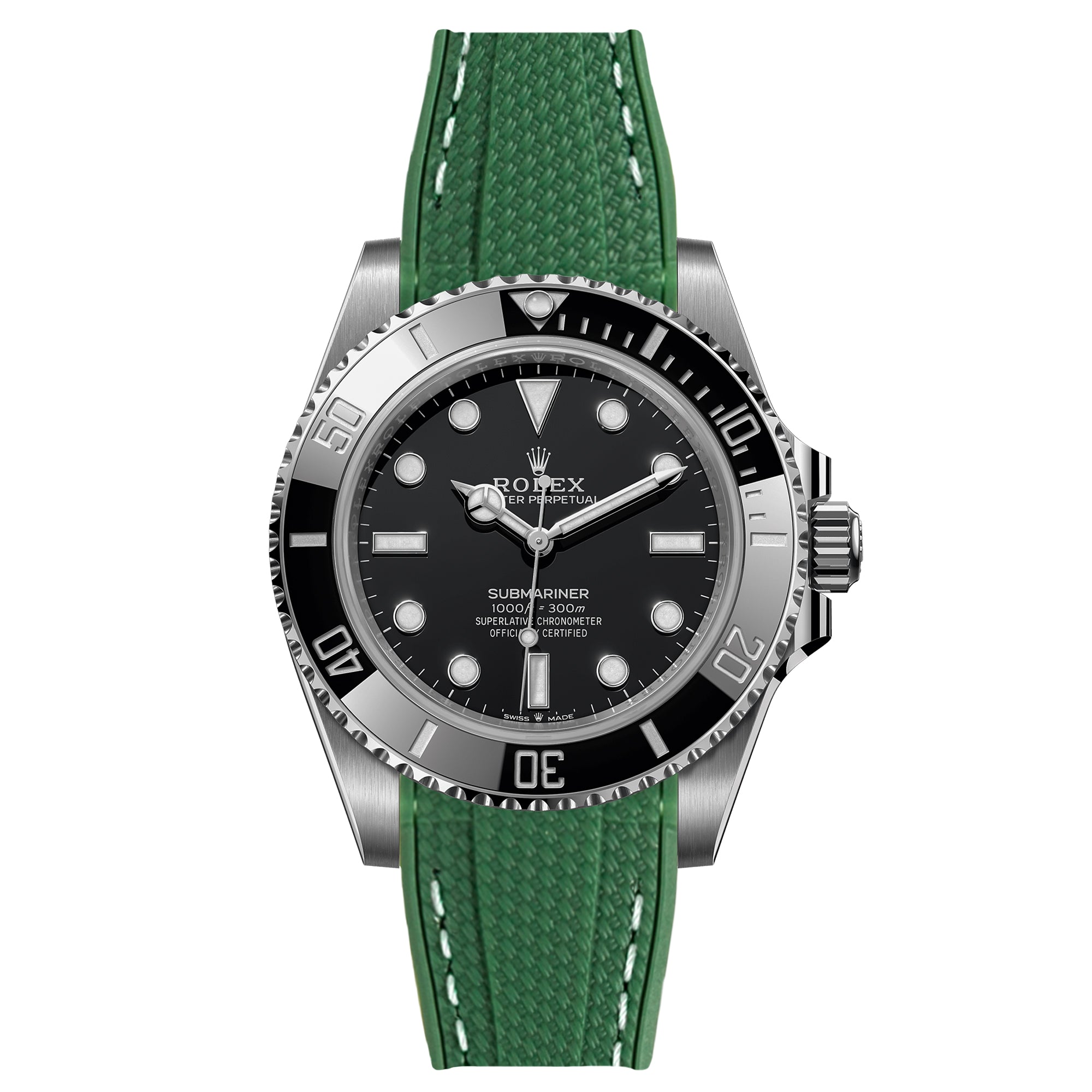 Textured Curved End Rubber Strap for Rolex Submariner – Dark Green With White Stitch (2405)