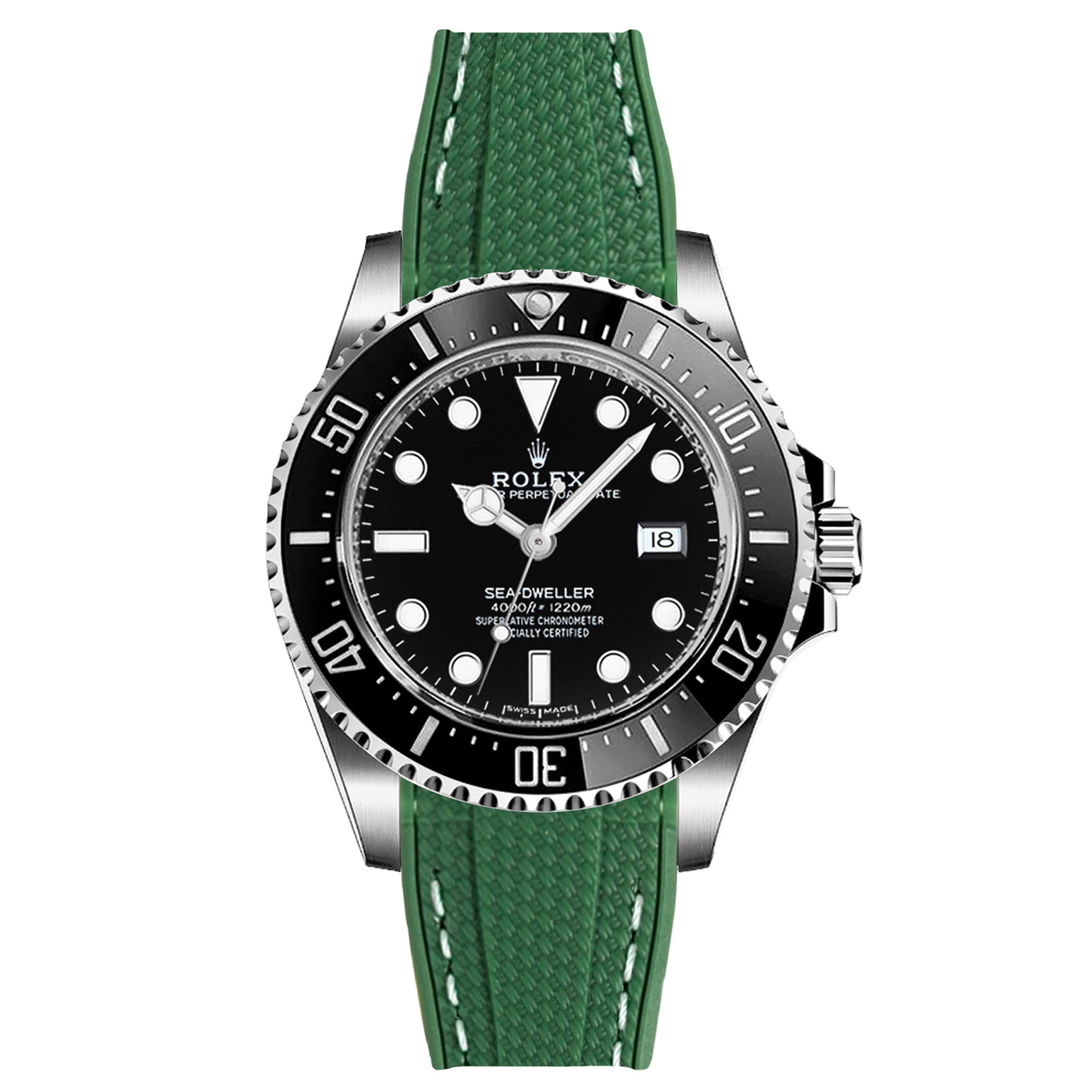 Textured Curved End Rubber Strap For Rolex Sea-Dweller 16600 16660 - Dark Green With White Stitch (2405)