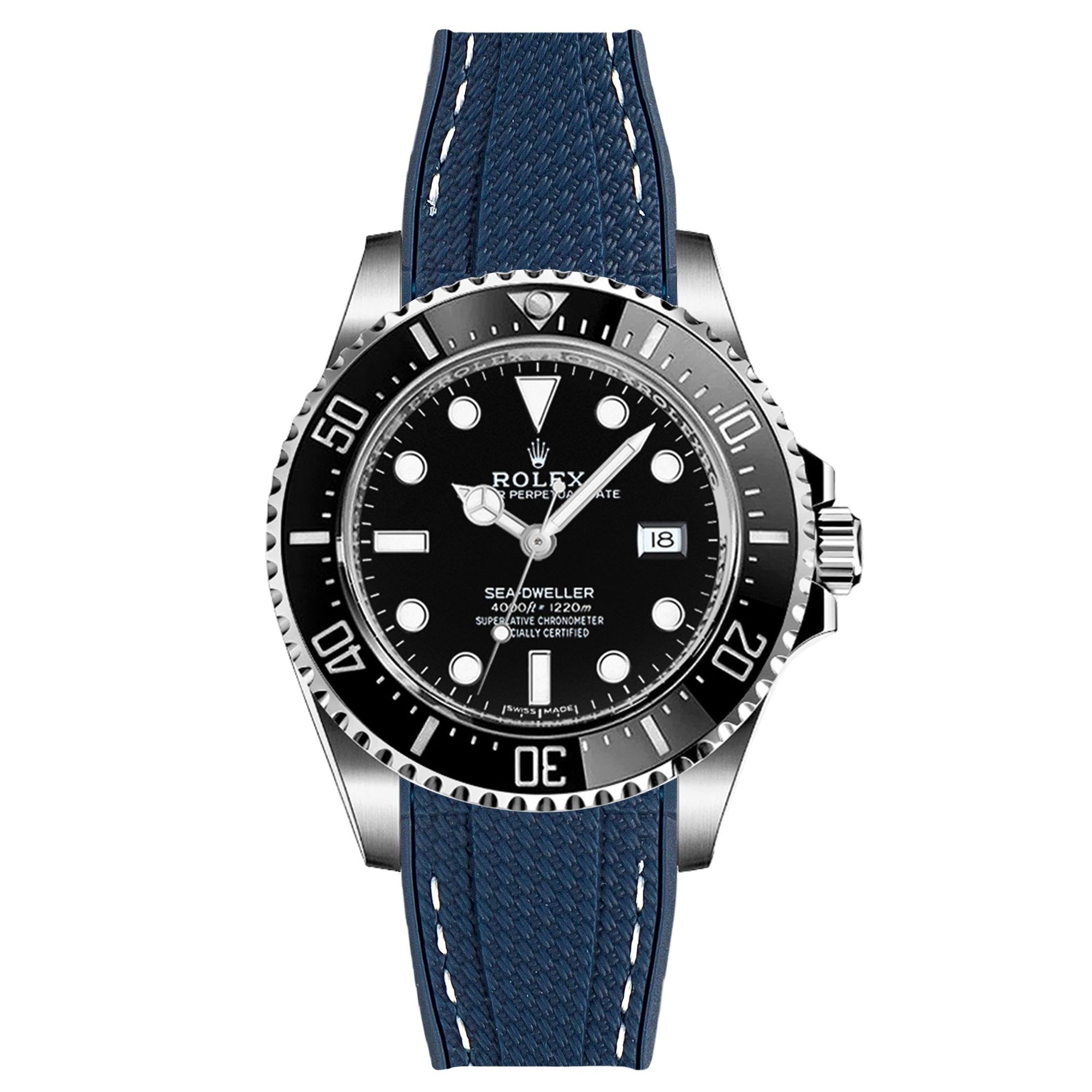 Textured Curved End Rubber Strap For Rolex Sea-Dweller 16600 16660 - Navy with White Stitch (2405)