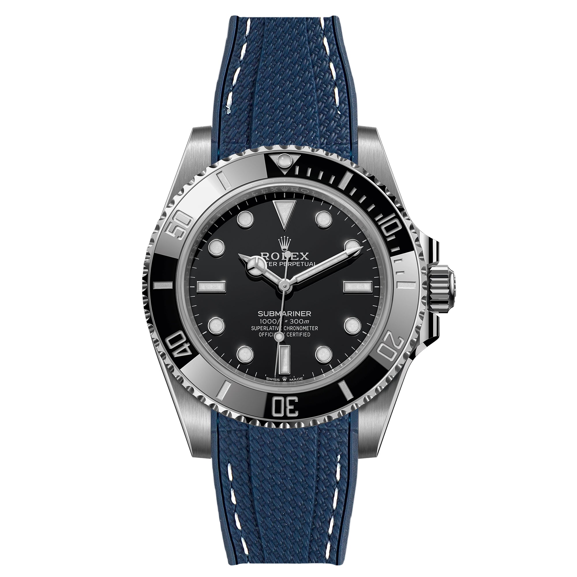 Textured Curved End Rubber Strap for Rolex Submariner – Navy with White Stitch (2405)