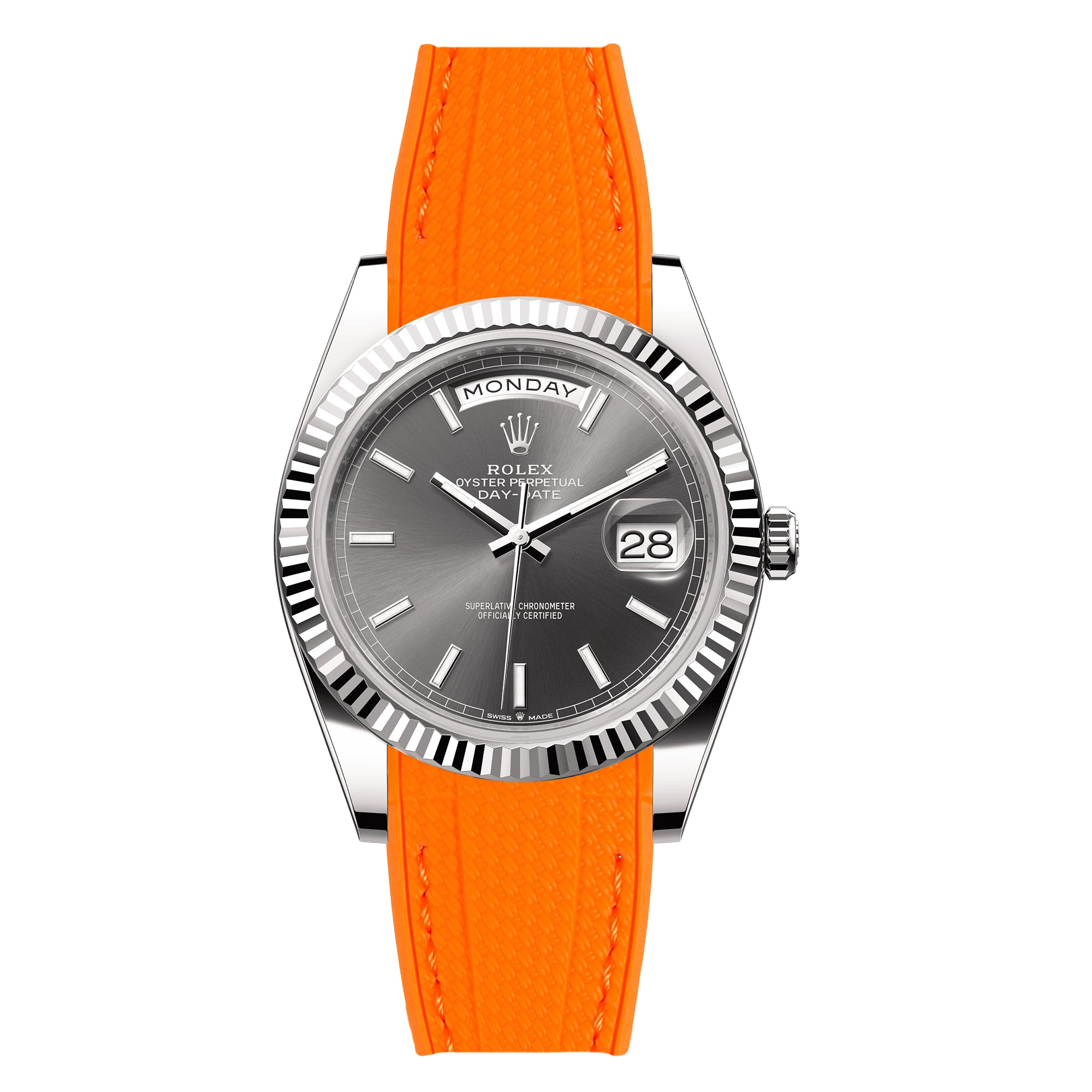 Textured Curved End Rubber Strap For Rolex Day-Date - Orange (2405)