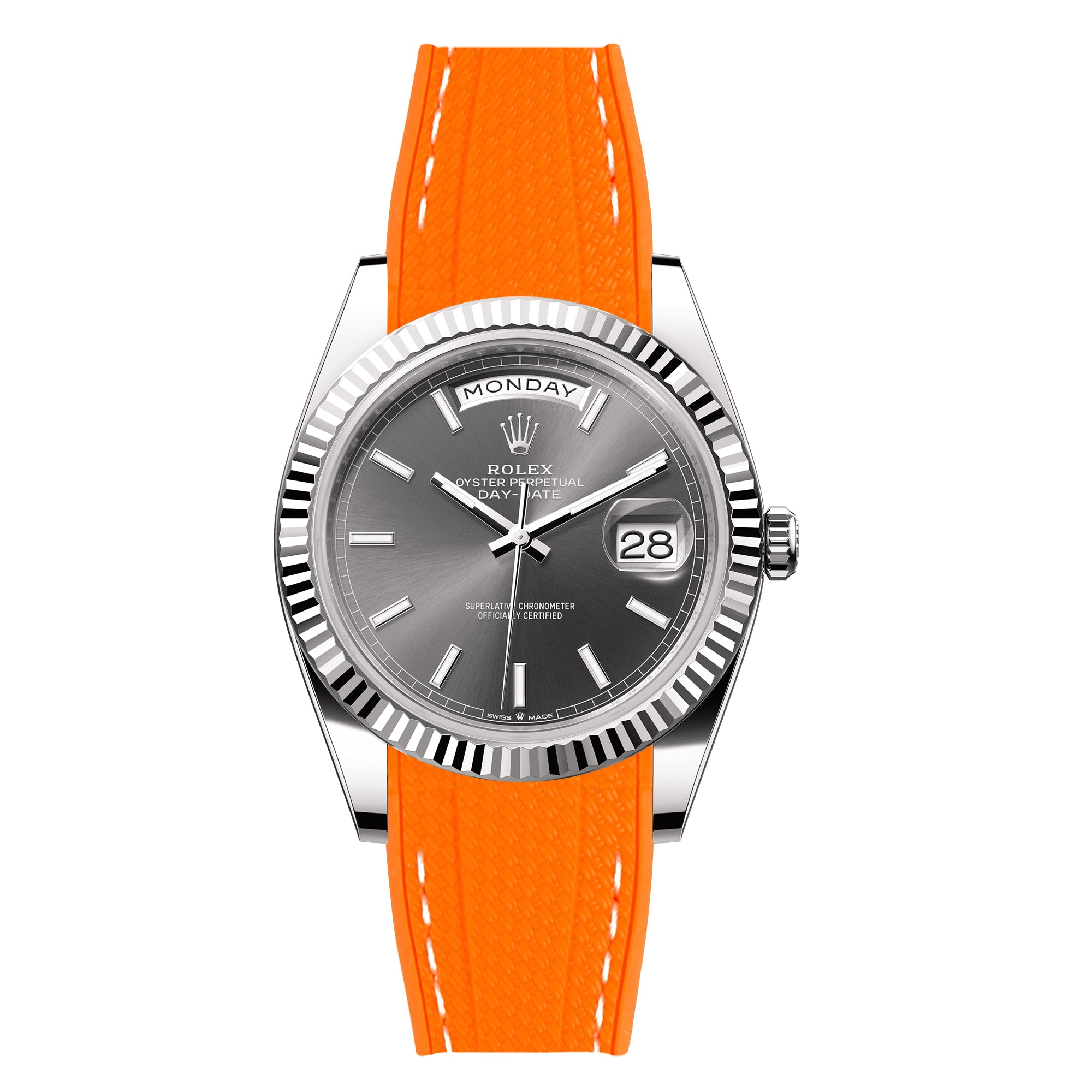 Textured Curved End Rubber Strap For Rolex Day-Date - Orange with White Stitch (2405)