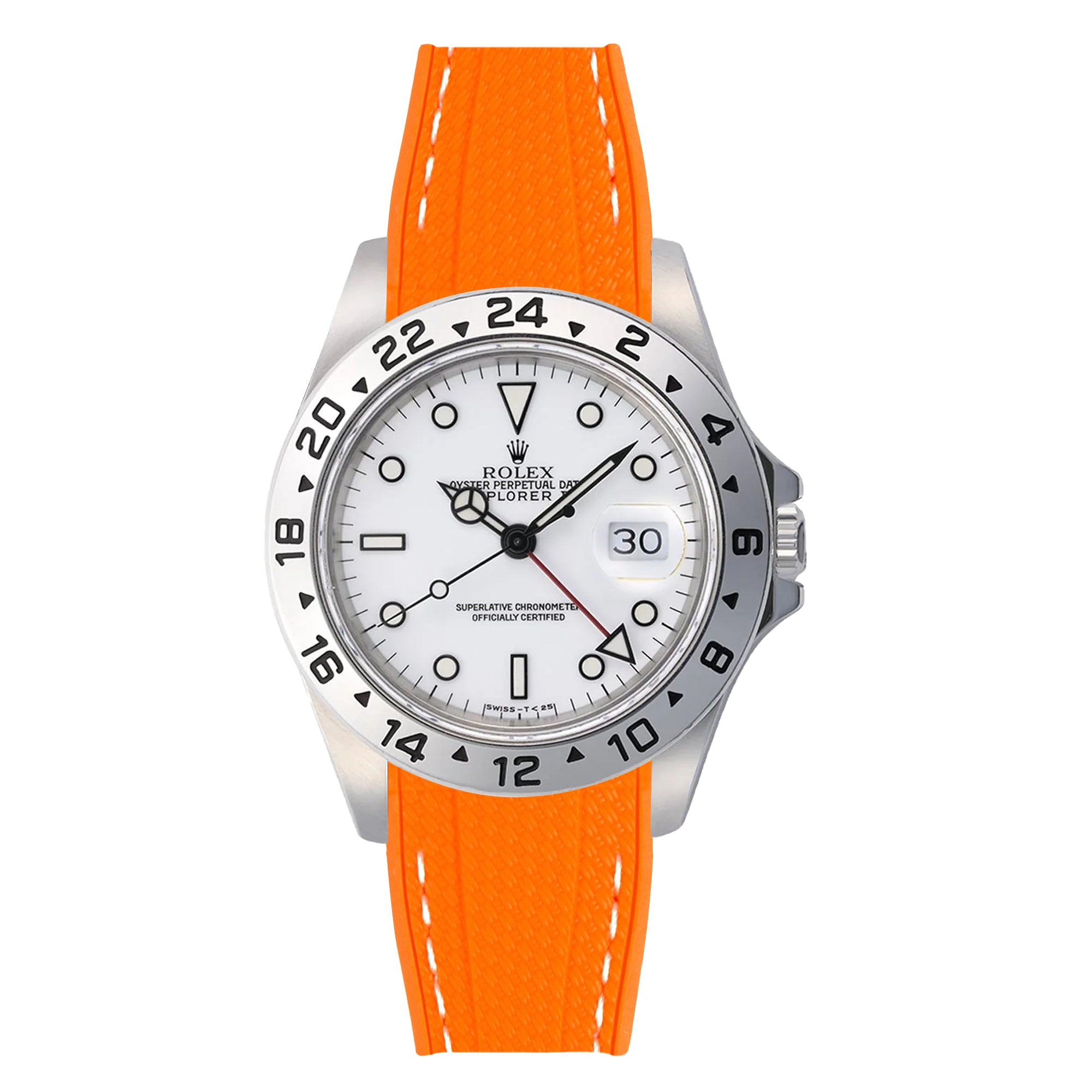 Textured Curved End Rubber Strap For Rolex Explorer II – Orange with White Stitch (2405)