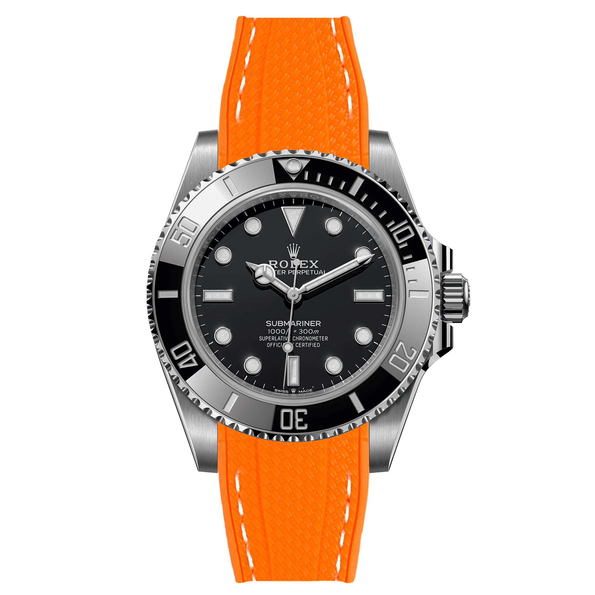 Textured Curved End Rubber Strap for Rolex Submariner – Orange with White Stitch (2405)