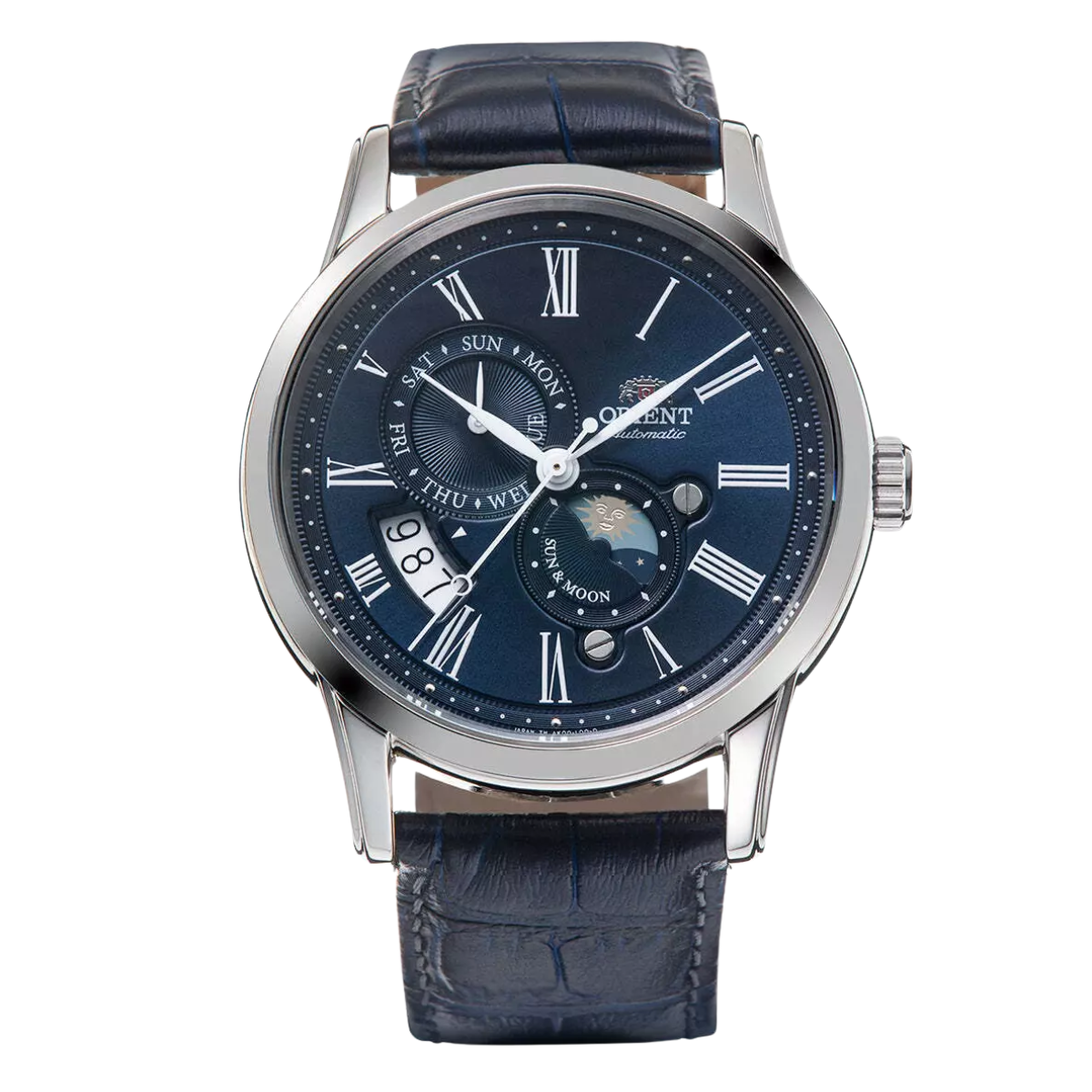 Orient RN-AK0004L Classic Sun & Moon Blue Dial Leather Mens Dress Watch