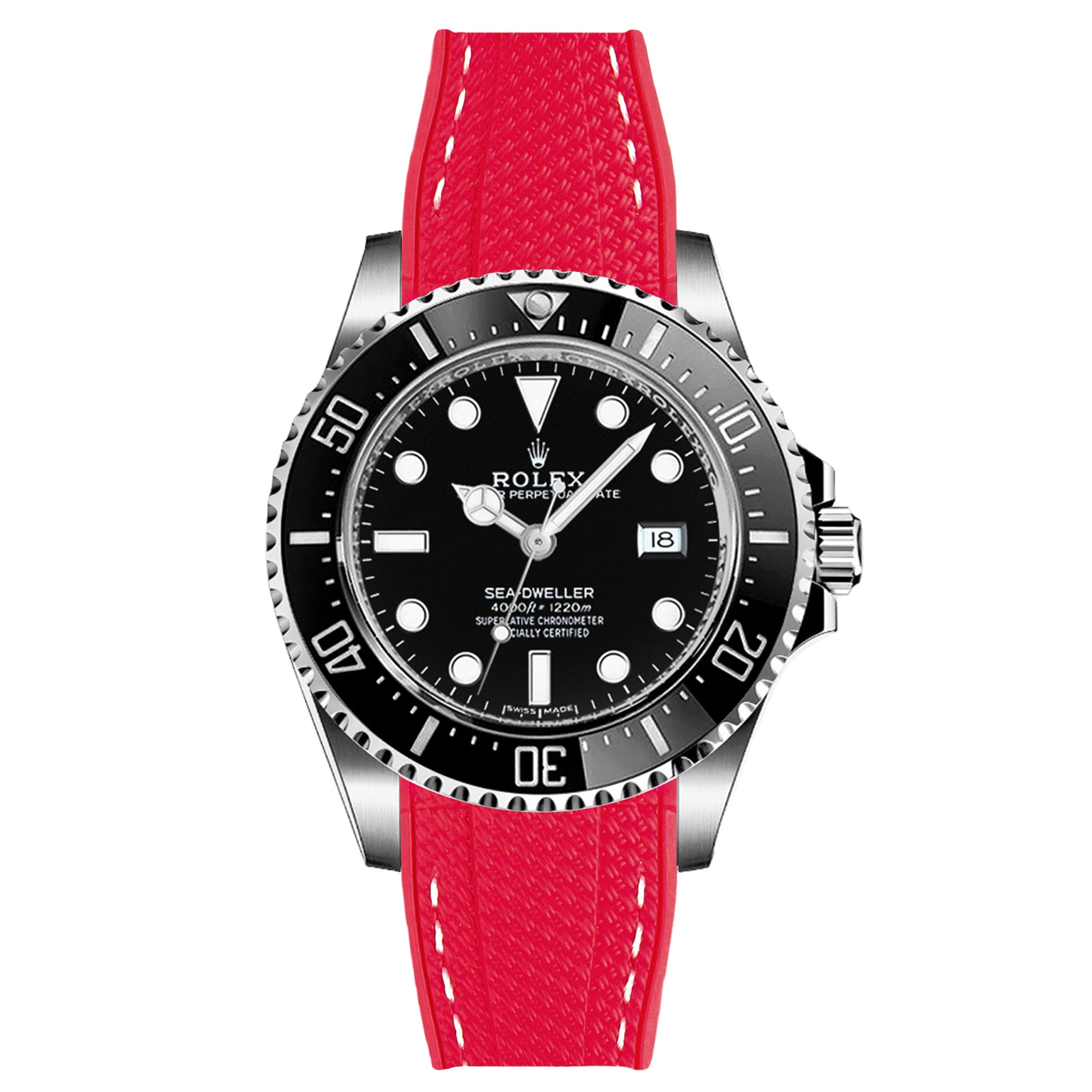 Textured Curved End Rubber Strap For Rolex Sea-Dweller 16600 16660 - Red with White Stitch (2405)