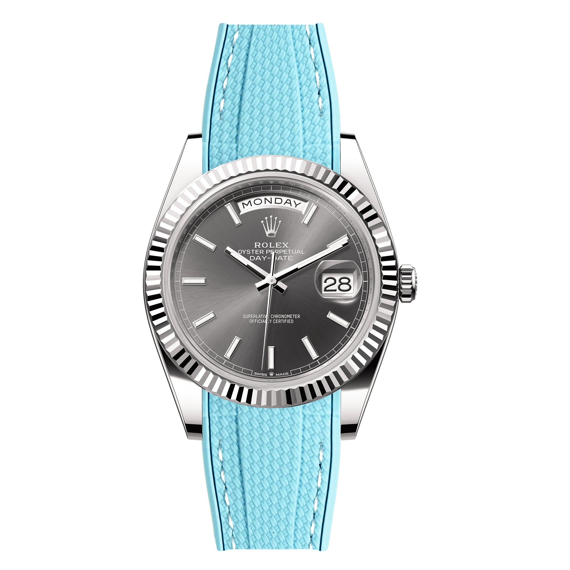 Textured Curved End Rubber Strap For Rolex Day-Date - Sea Blue (2405)