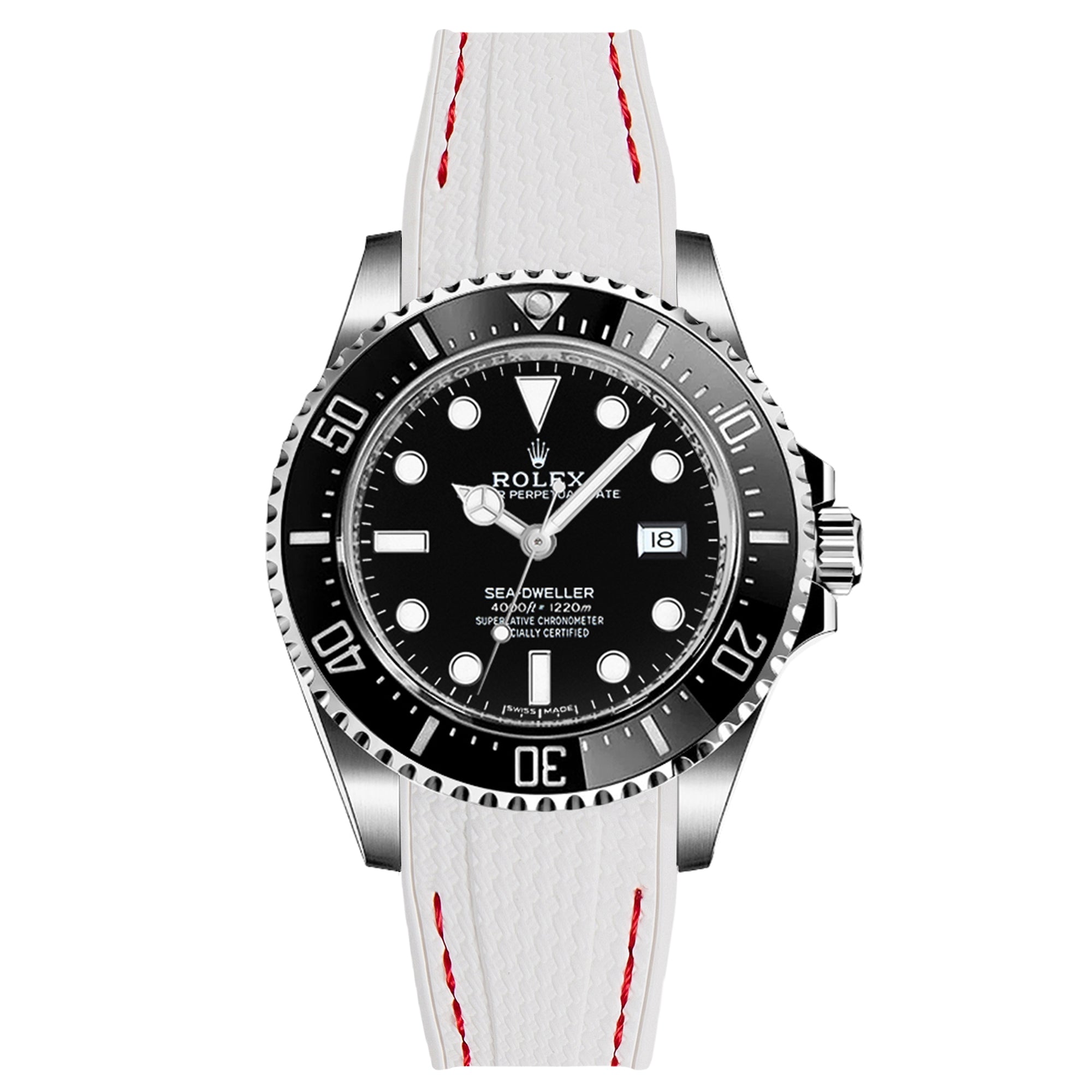 Textured Curved End Rubber Strap For Rolex Sea-Dweller 16600 16660 - White with Red Stitch (2405)