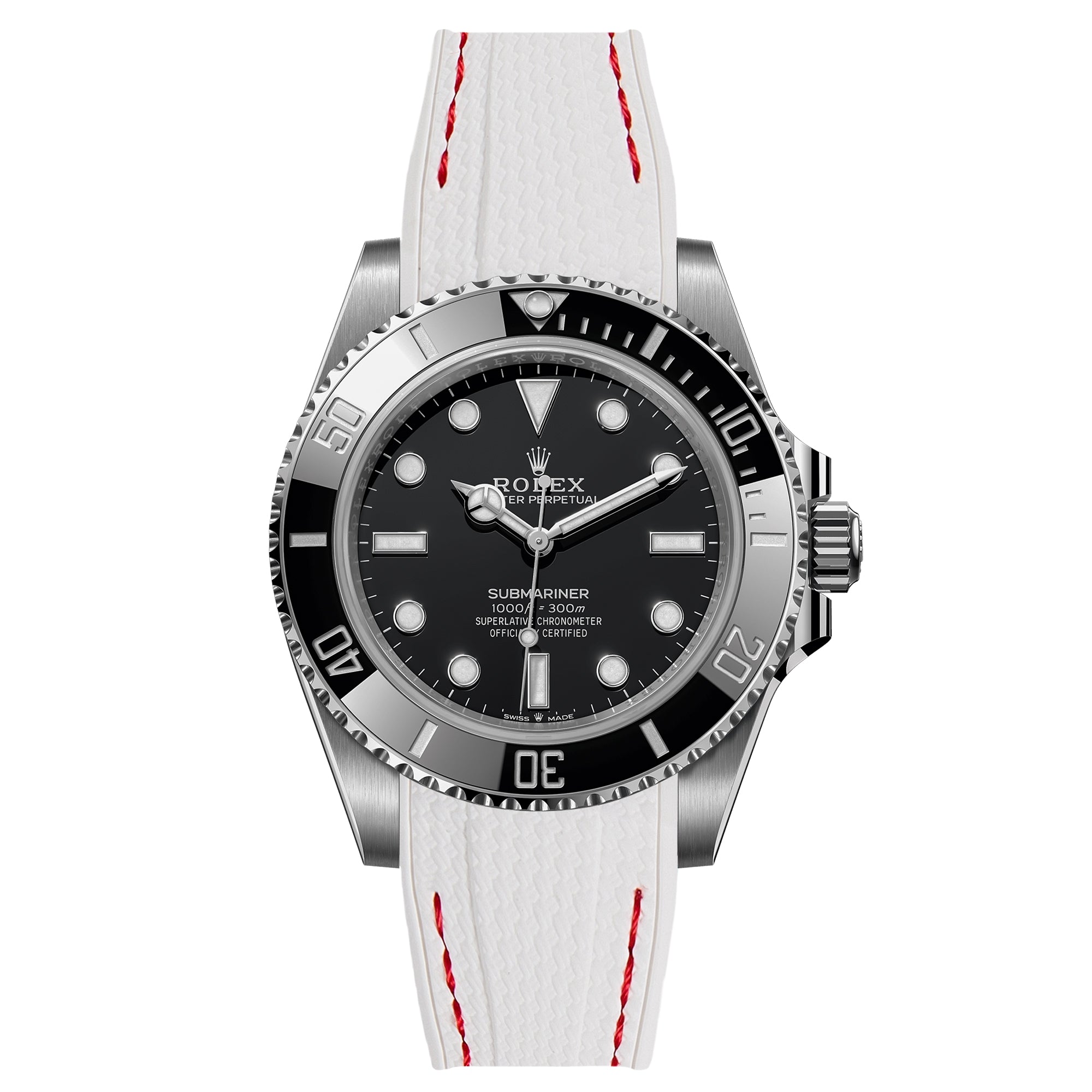 Textured Curved End Rubber Strap for Rolex Submariner – White with Red Stitch (2405)