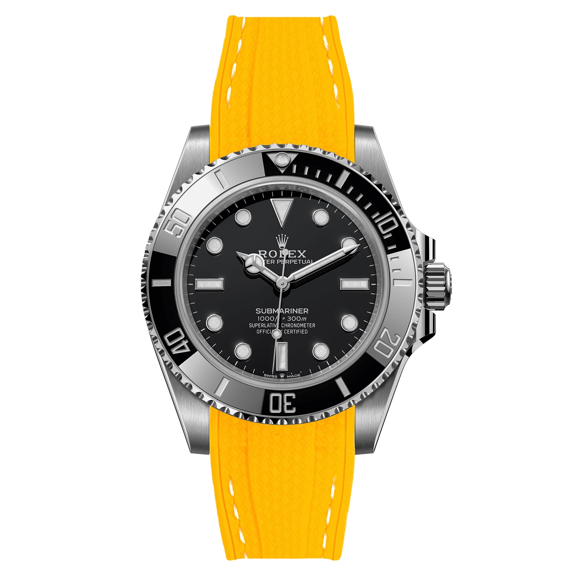 Textured Curved End Rubber Strap for Rolex Submariner – Yellow with White Stitch (2405)