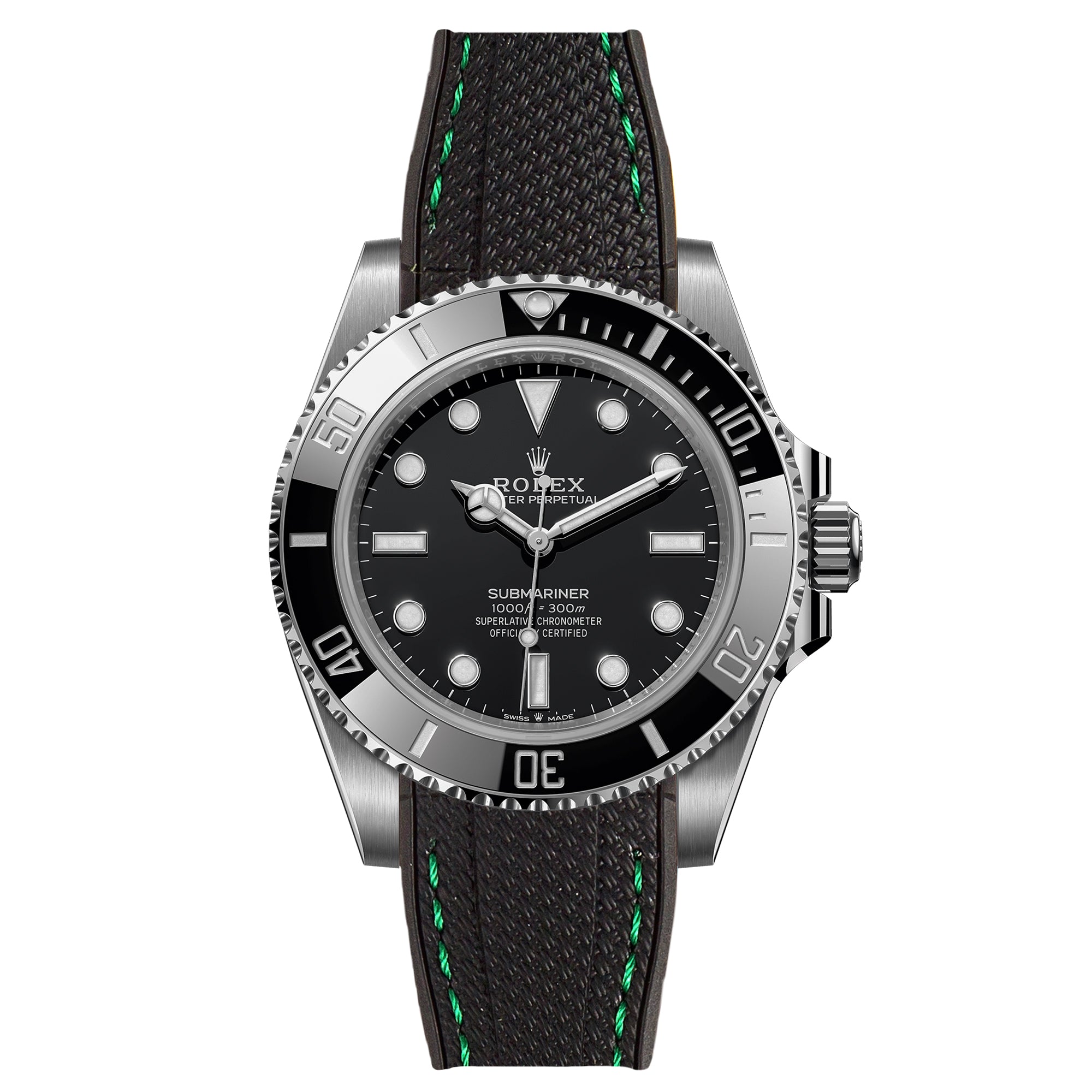 black with green stitch curved end strap for rolex submariner