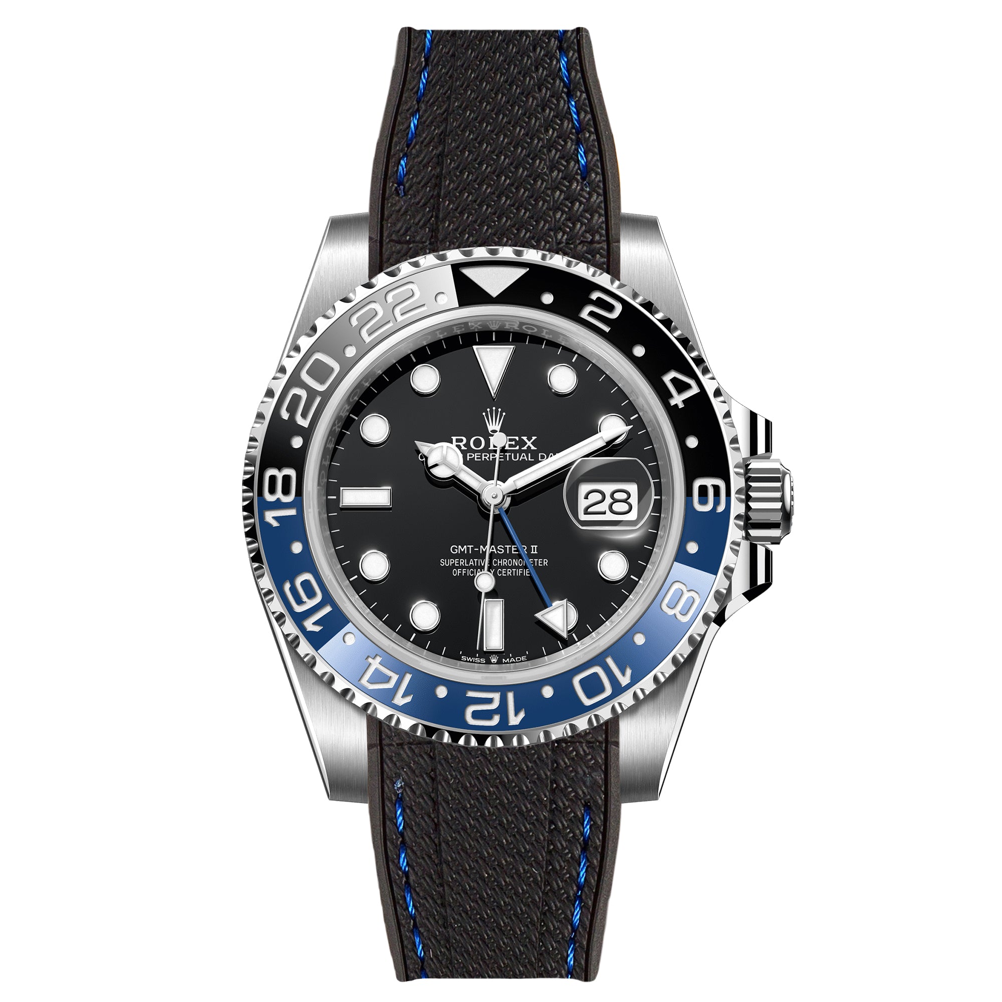 Textured Curved End Rubber Strap for Rolex GMT Master II Batman - Black with Blue Stitch (2405)