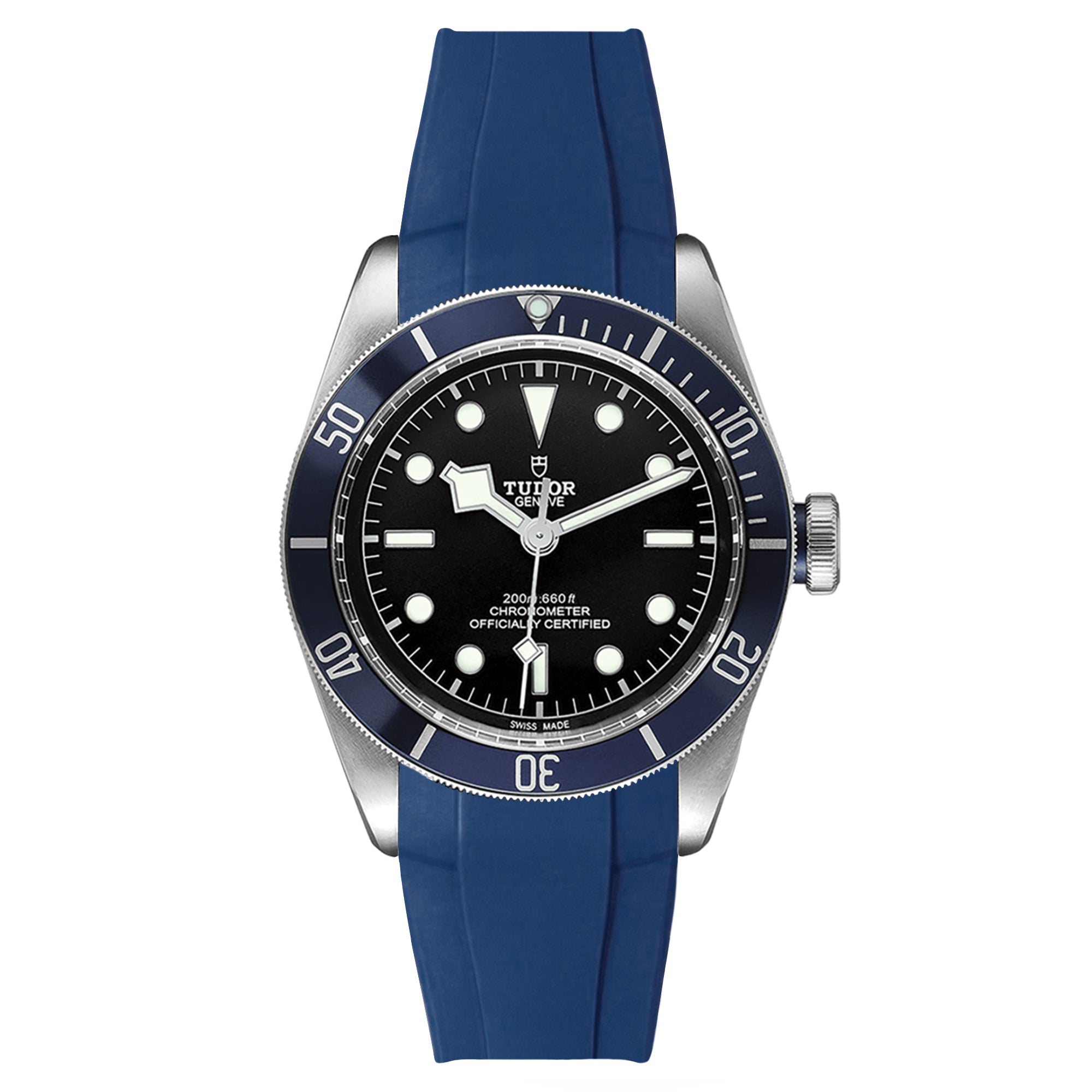 Integrated Curved End FKM Rubber Strap for Tudor Black Bay Blue Chrono 41mm - Blue (2436)