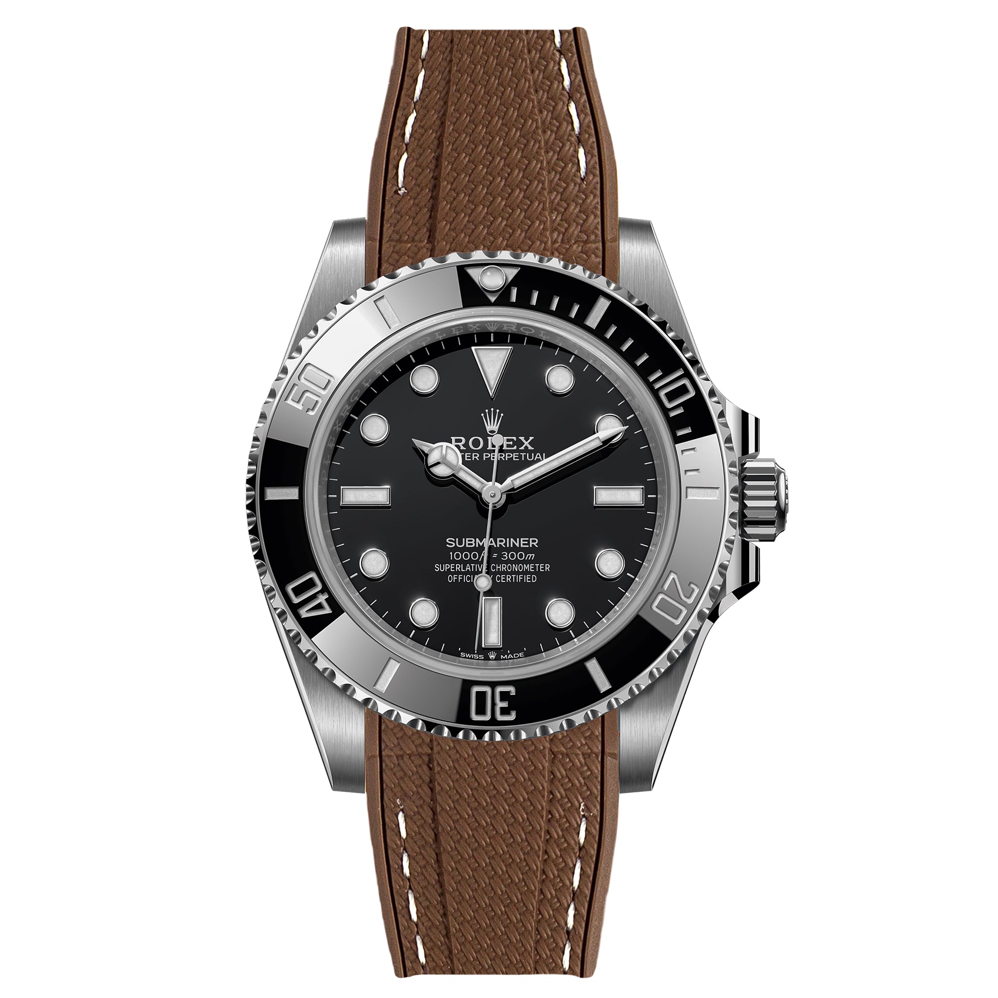 brown with white stitch curved end strap for rolex submariner