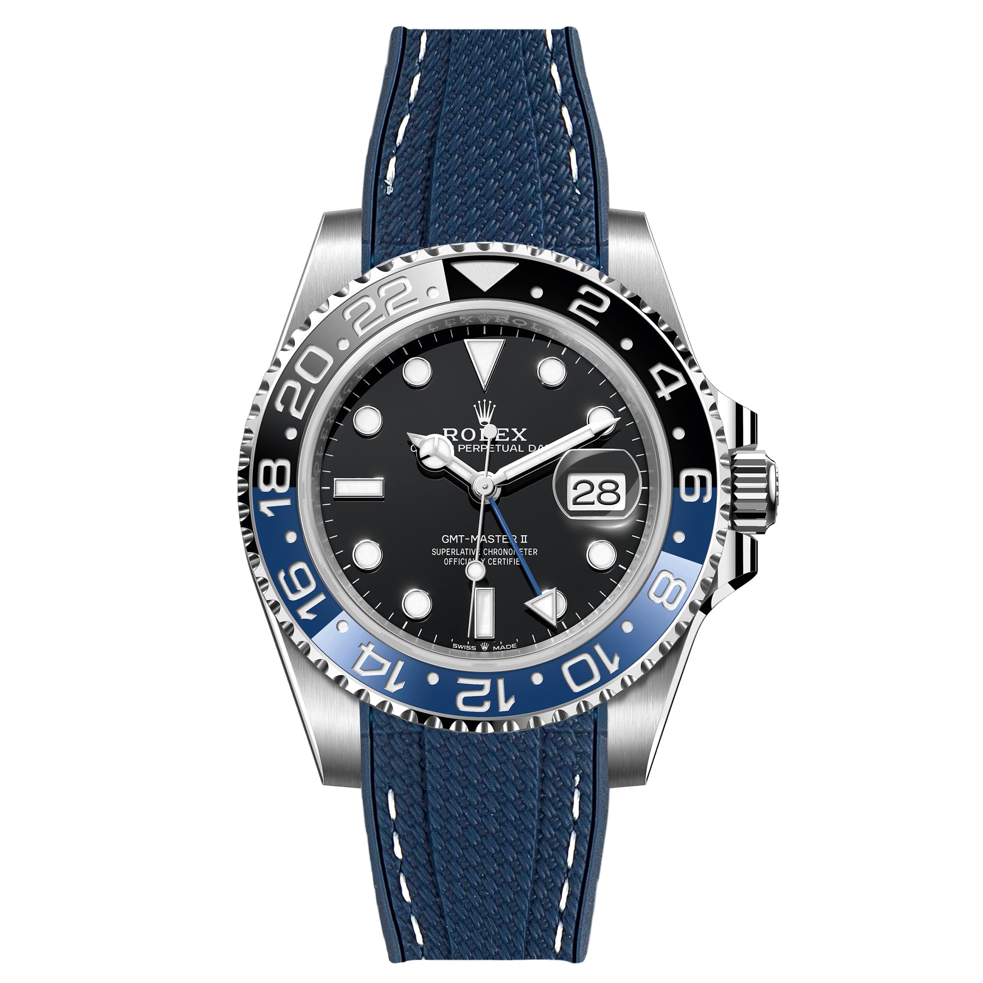 Textured Curved End Rubber Strap for Rolex GMT Master II Batman - Navy with White Stitch (2405)