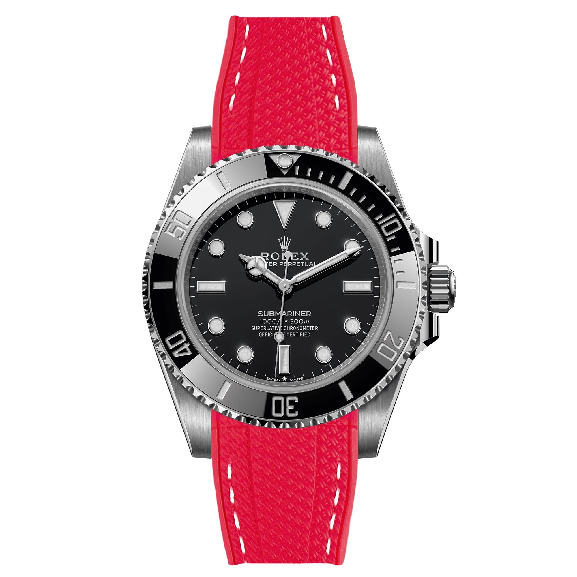 Textured Curved End Rubber Strap For Rolex Submariner 40mm - Red with White Stitch (2405)