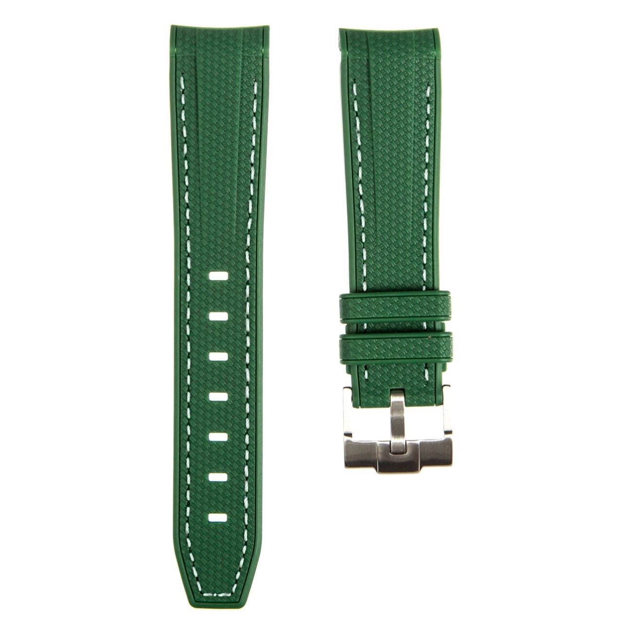 Textured Curved End Premium Silicone Strap - Compatible with Omega Moonwatch - Dark Green With White Stitch (2405) -StrapSeeker