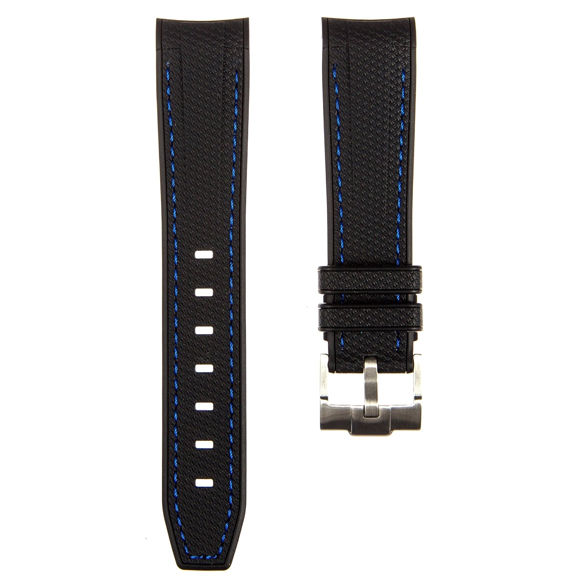Textured Curved End Premium Silicone Strap – Compatible with Rolex Submariner – Black with Blue Stitch (2405) -StrapSeeker