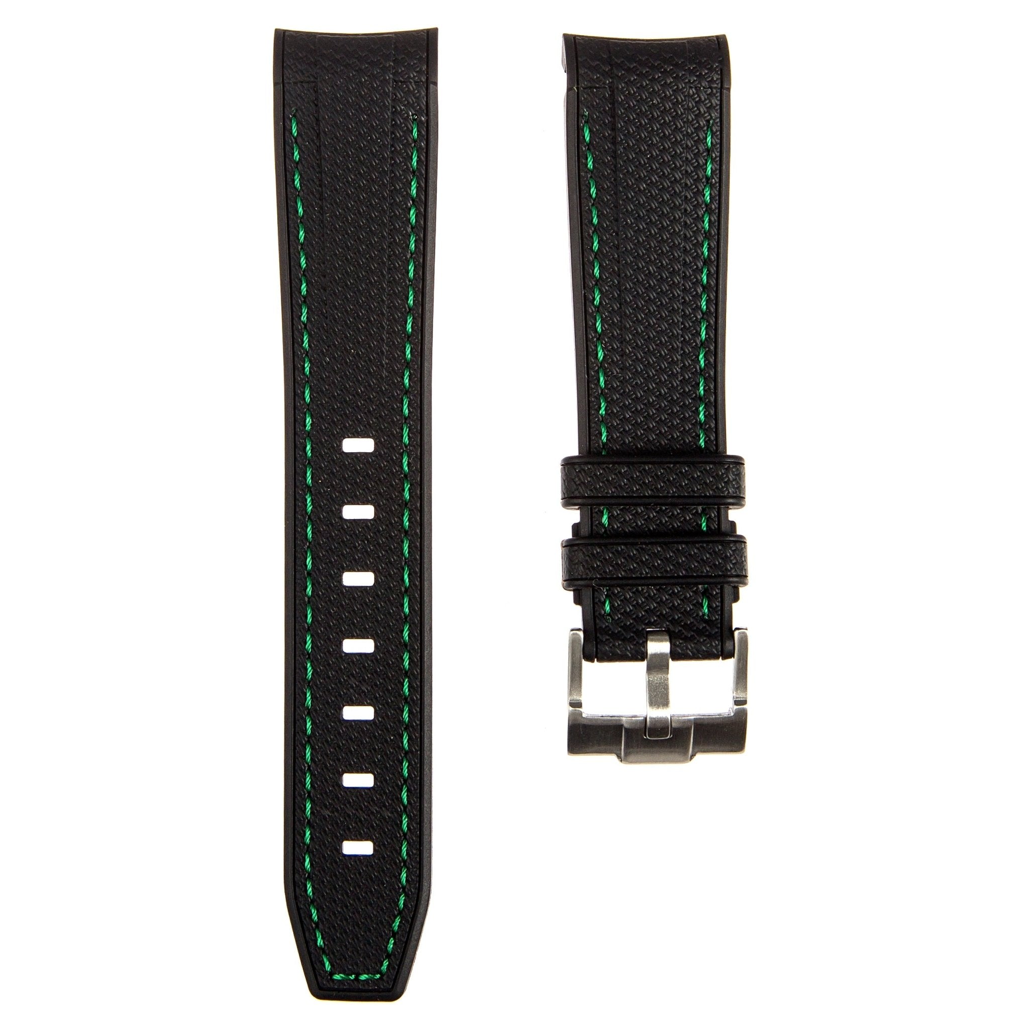 Textured Curved End Premium Silicone Strap – Compatible with Rolex Submariner – Black with Green Stitch (2405) -StrapSeeker