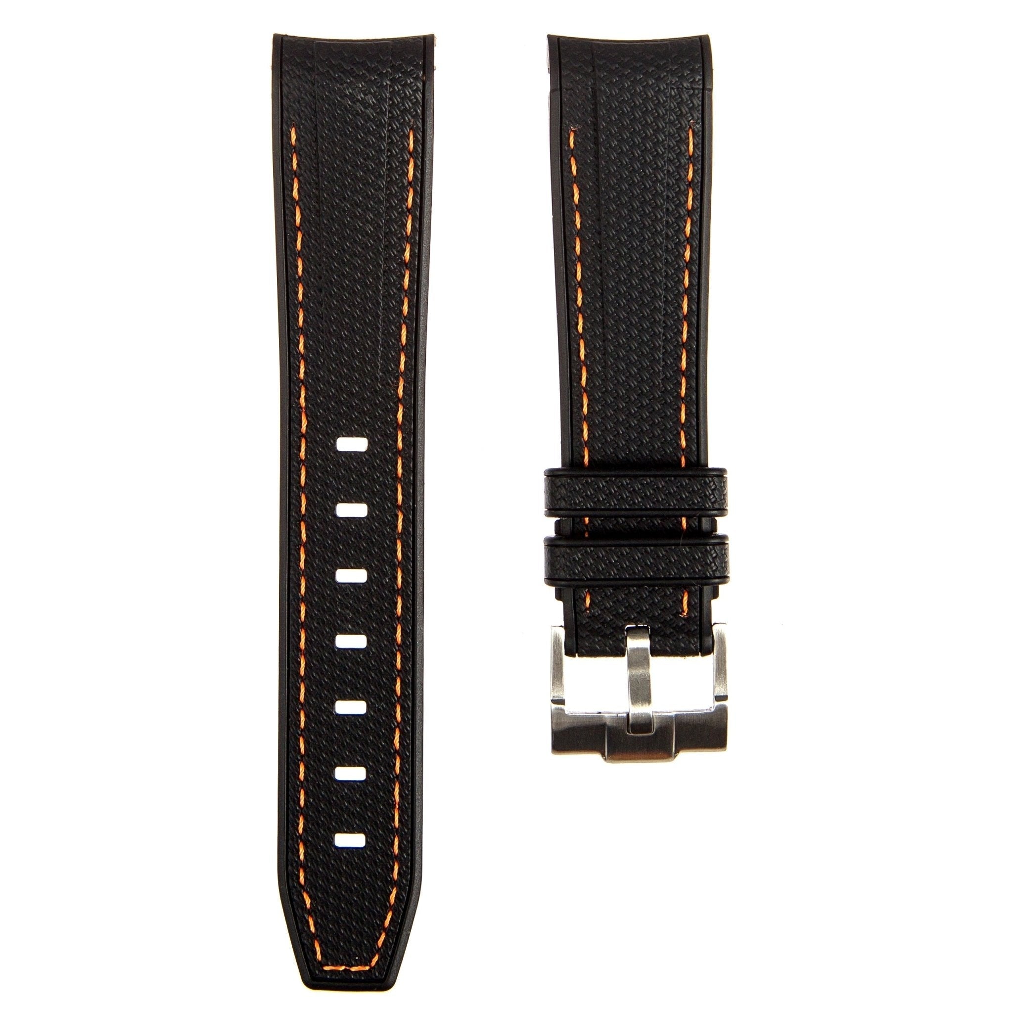 Textured Curved End Premium Silicone Strap – Compatible with Rolex Submariner – Black with Orange Stitch (2405) -StrapSeeker
