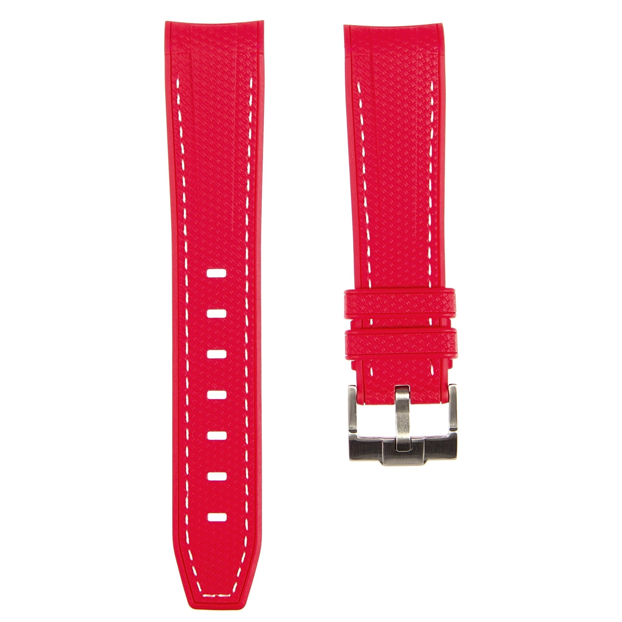 Textured Curved End Premium Silicone Strap – Compatible with Rolex Submariner – Red with White Stitch (2405) -StrapSeeker